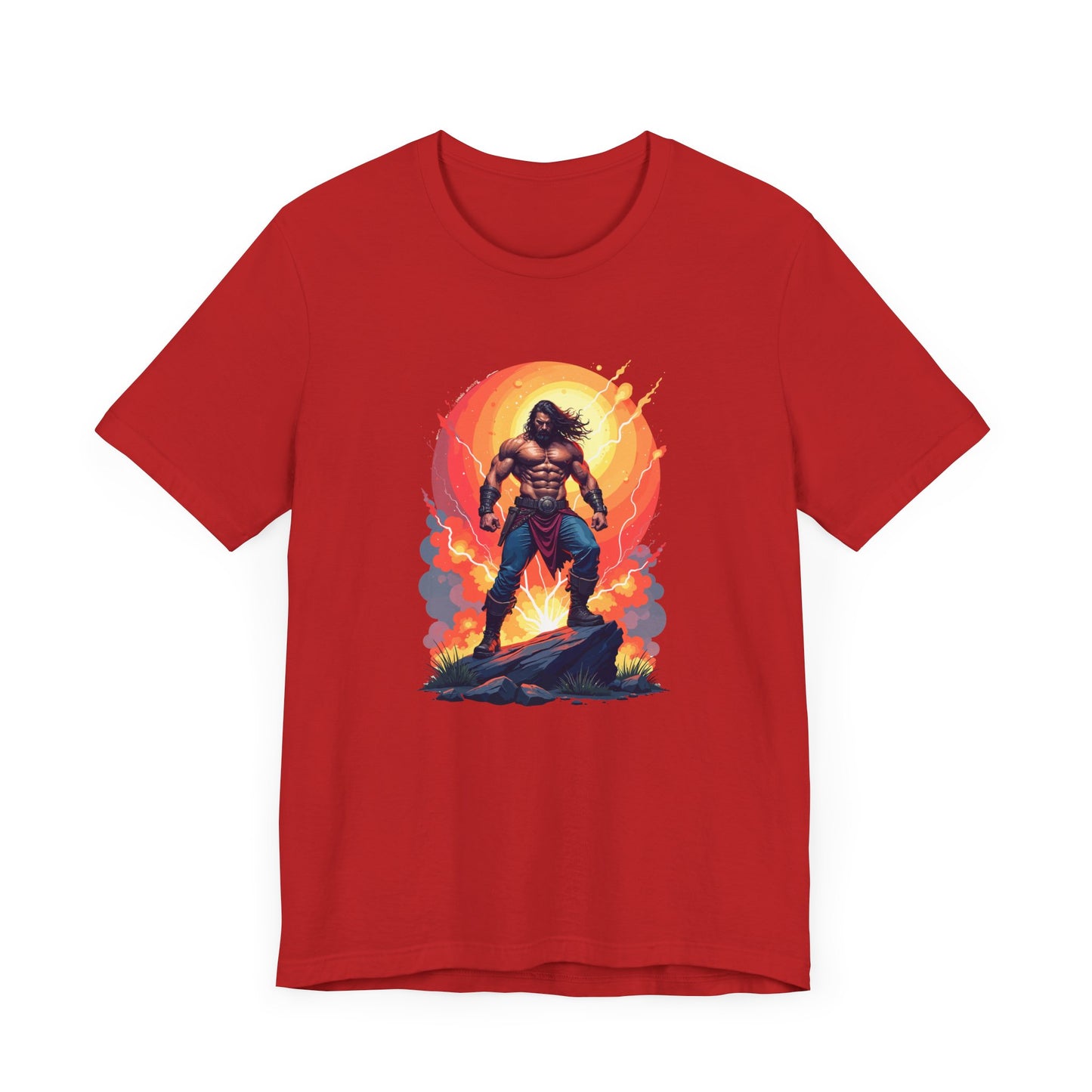 Power Unleashed – Strong Man on Rock with Lightning, Smoke & Fire Splash Graphic T-Shirt