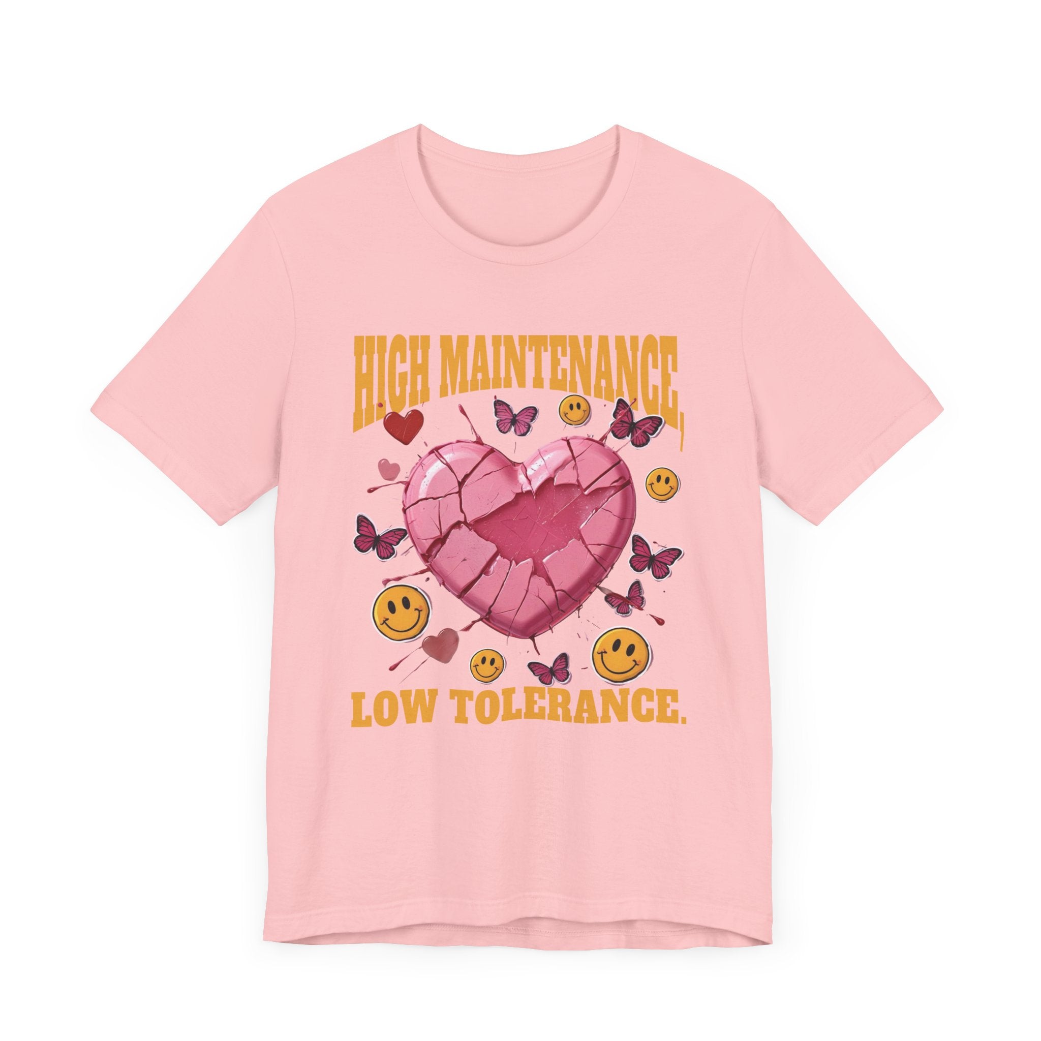High Maintenance, Low Tolerance | Cracked Heart & Smiles Butterfly Graphic T-Shirt