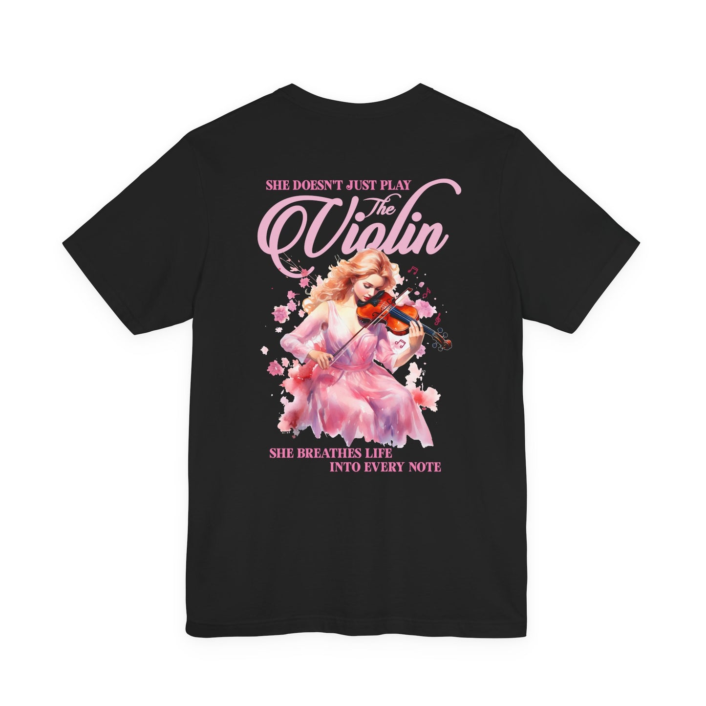 The Violin T-Shirt – Woman in Pink Dress with Flowers and Music Notes