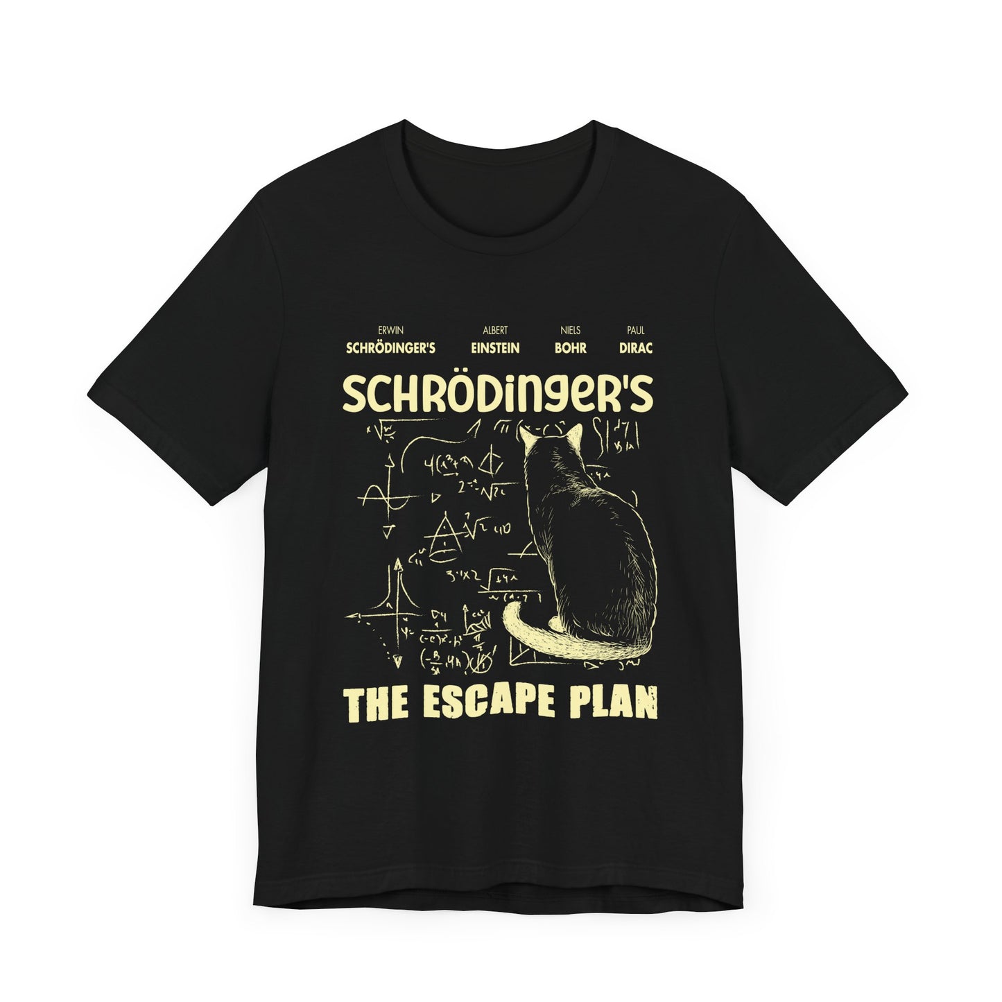 Physics Cat T-Shirt – Schrödinger’s Escape Plan Math Graphic
