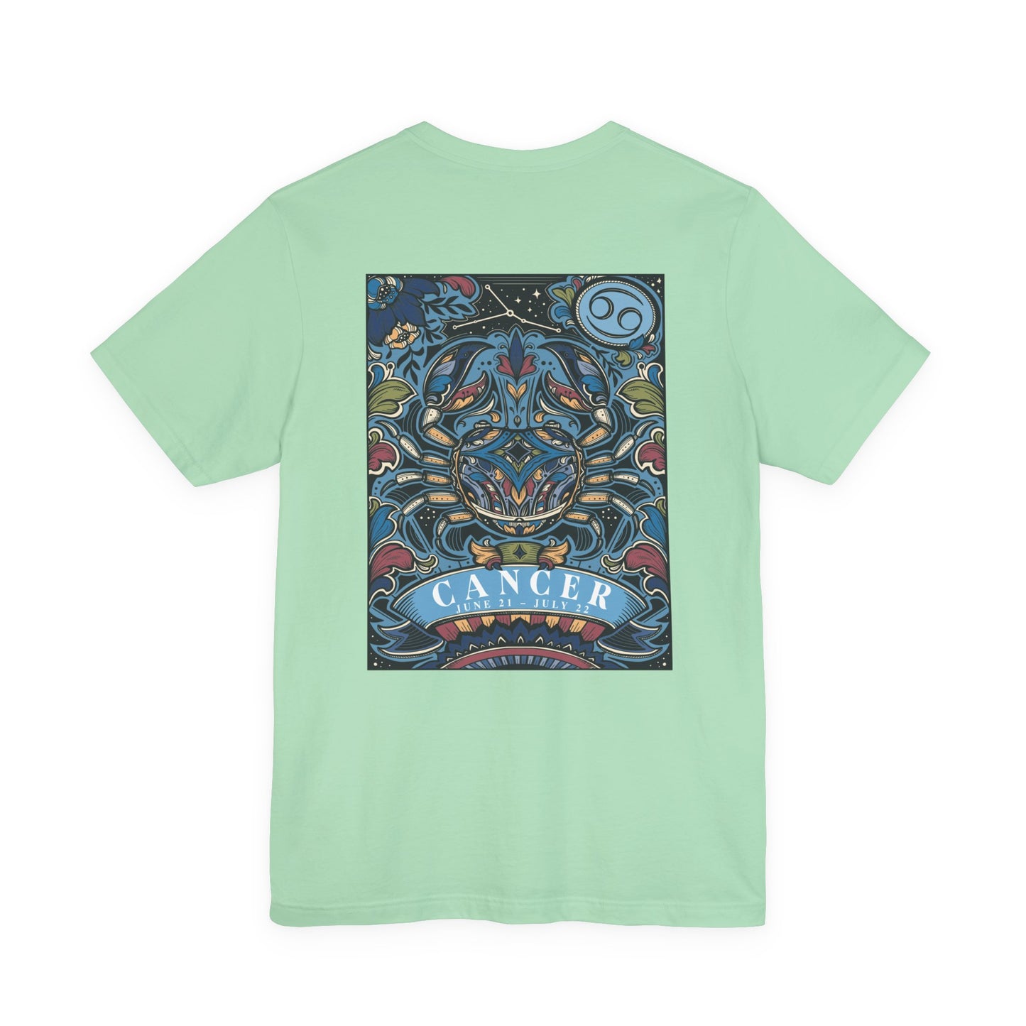 Colorful Cancer Zodiac T-Shirt – Crab with Constellation, Leaves & Flowers