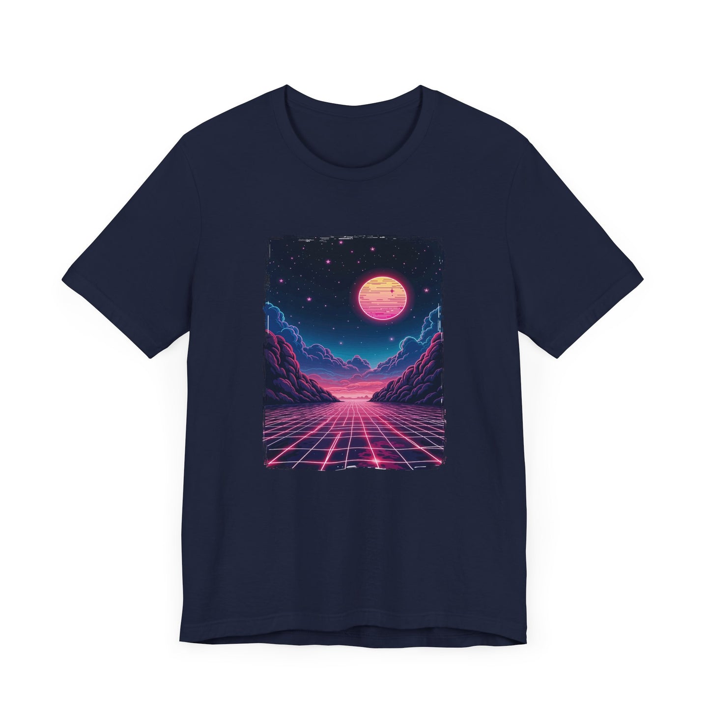 Neon Dream – Full Moon Night Waterfront with Mountains and Glowing Sky Graphic T-Shirt