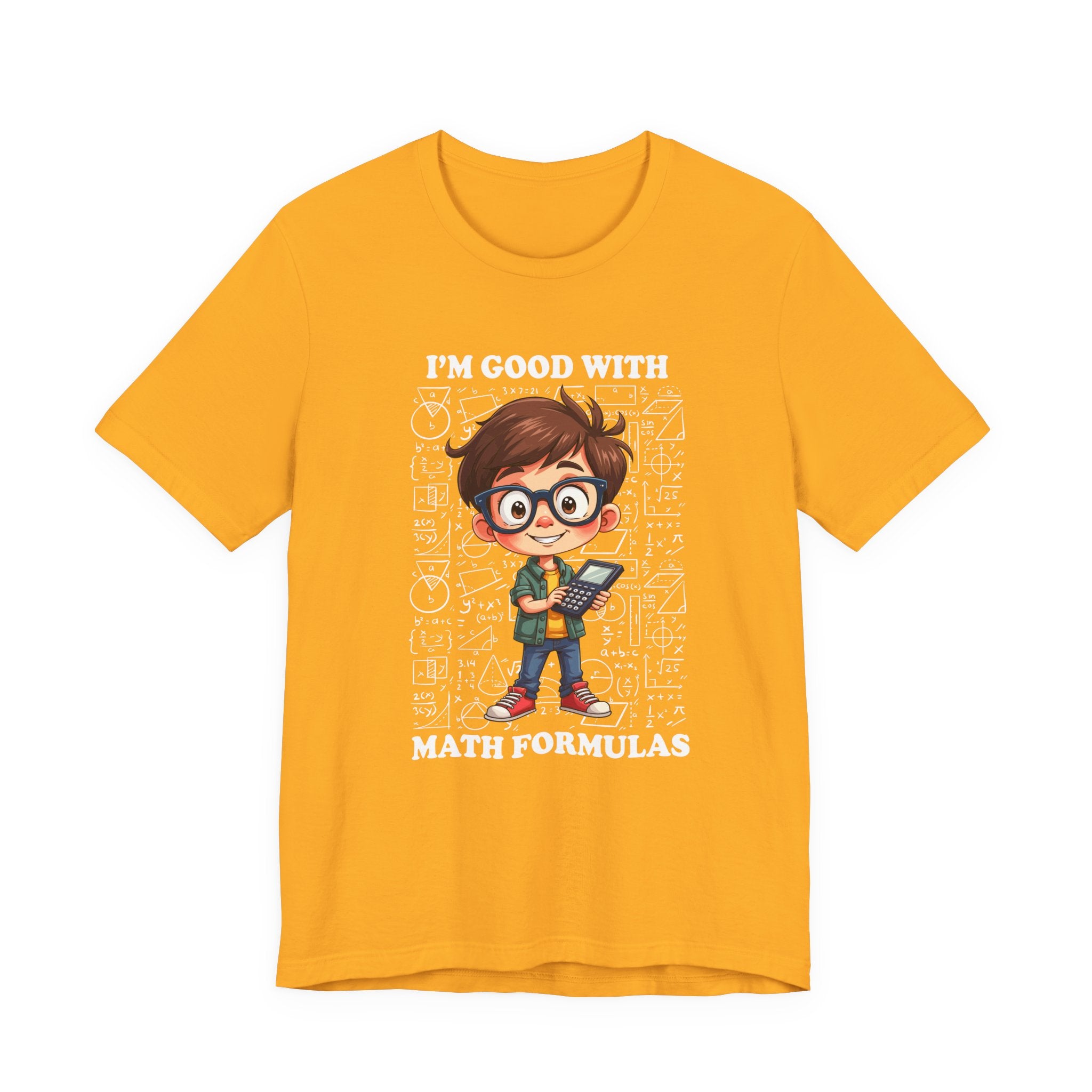 I'm Good with Math Formulas Tshirt – Happy Boy with Calculator and Math Diagrams