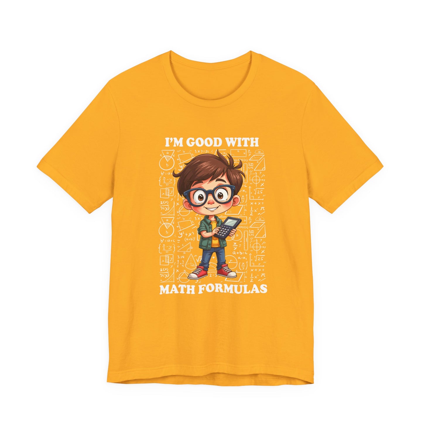 I'm Good with Math Formulas Tshirt – Happy Boy with Calculator and Math Diagrams
