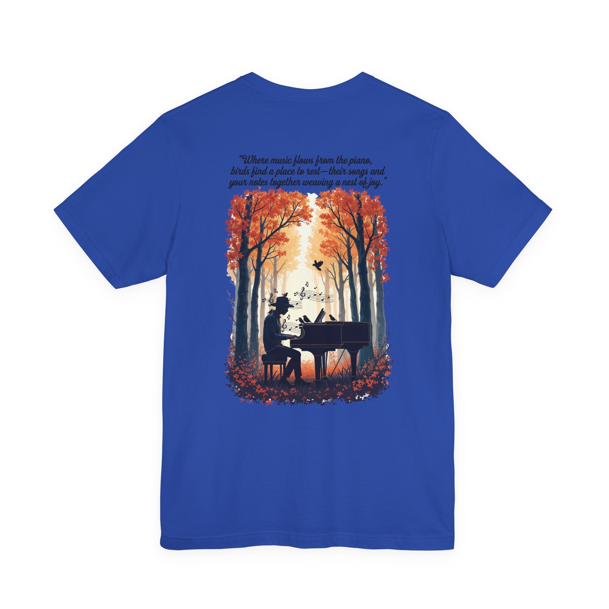 Music & Nature Harmony T-Shirt – Grand Piano in Autumn Forest Scene [Black Text]