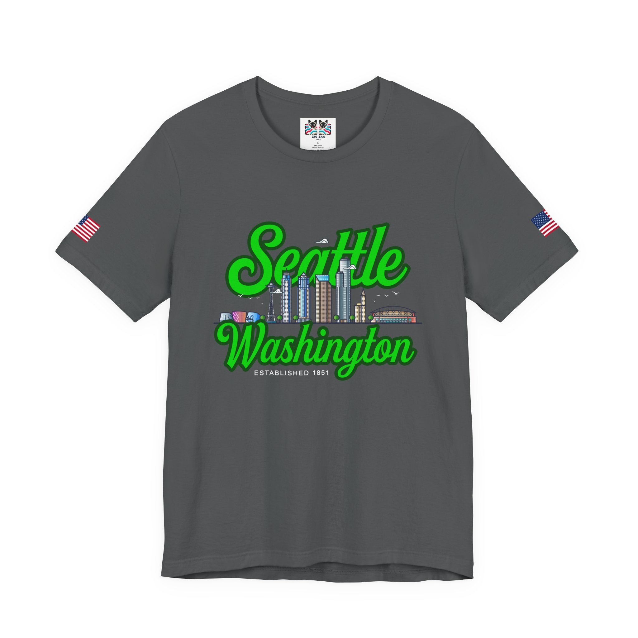 Seattle Washington Retro Script Skyline T-Shirt | Established 1851 Graphic Tee | Pacific Northwest Pride Shirt
