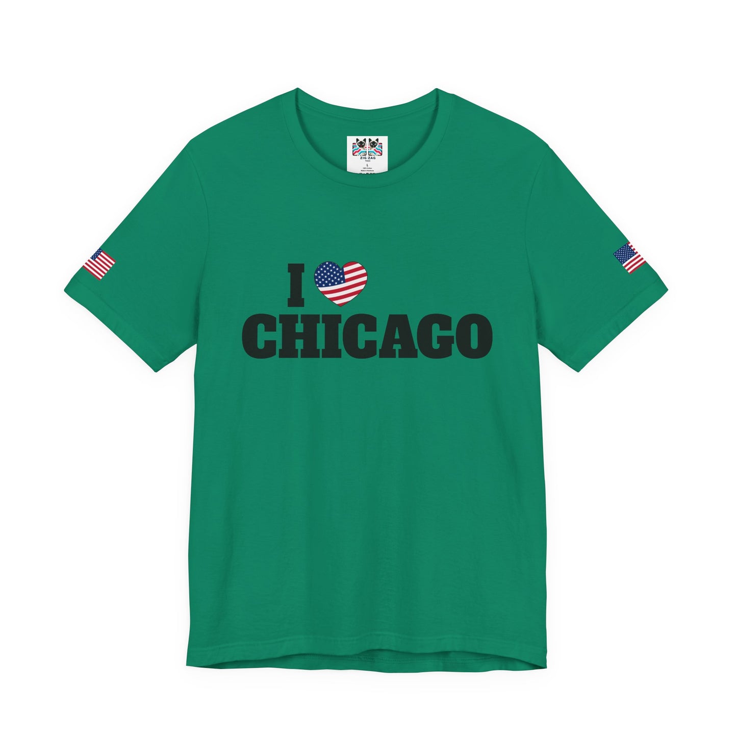 I Love Chicago T-Shirt - Classic USA Flag Heart Black Simple City Pride Design