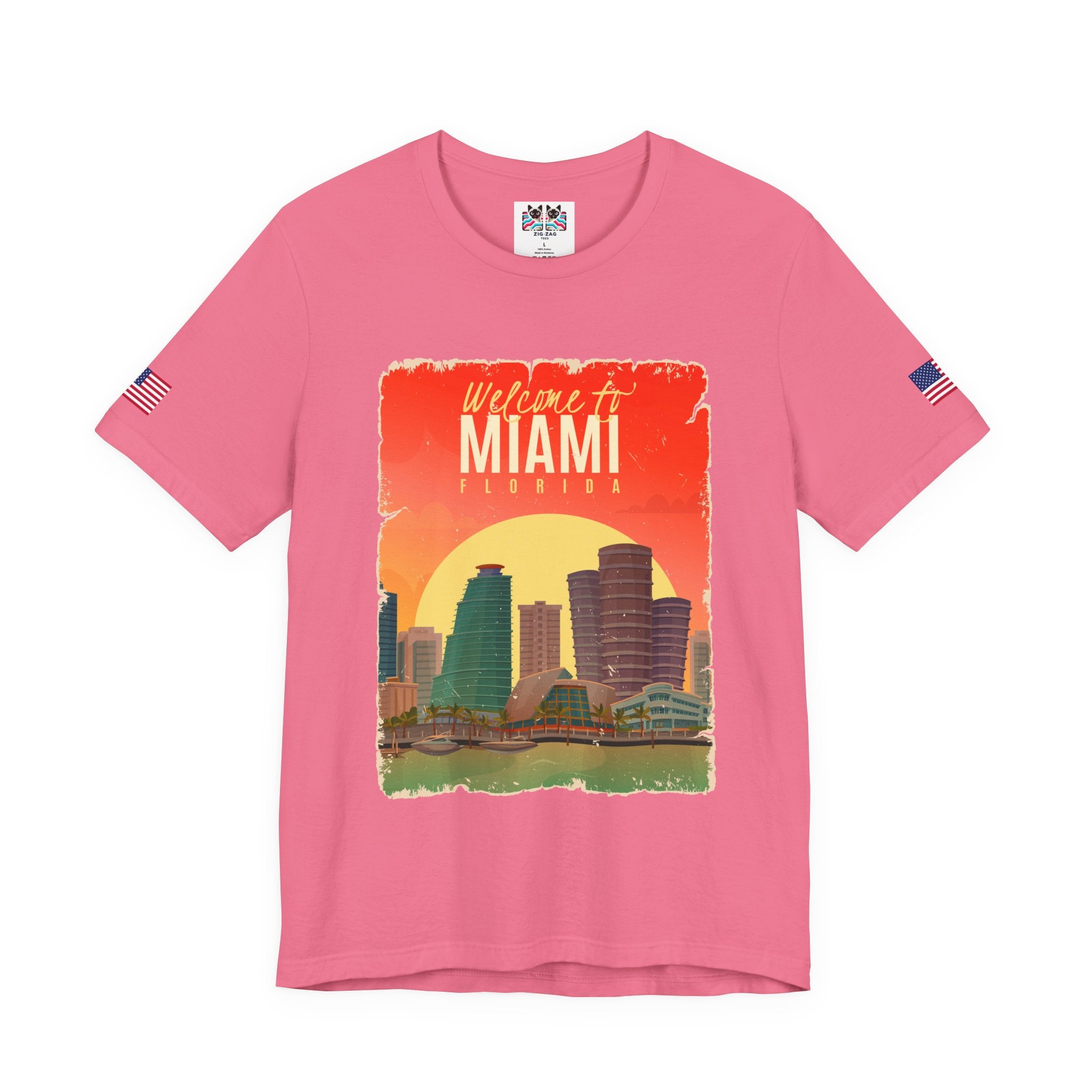 Welcome to Miami Florida T-Shirt – Vintage Retro Skyline Sunset Poster Graphic Tee