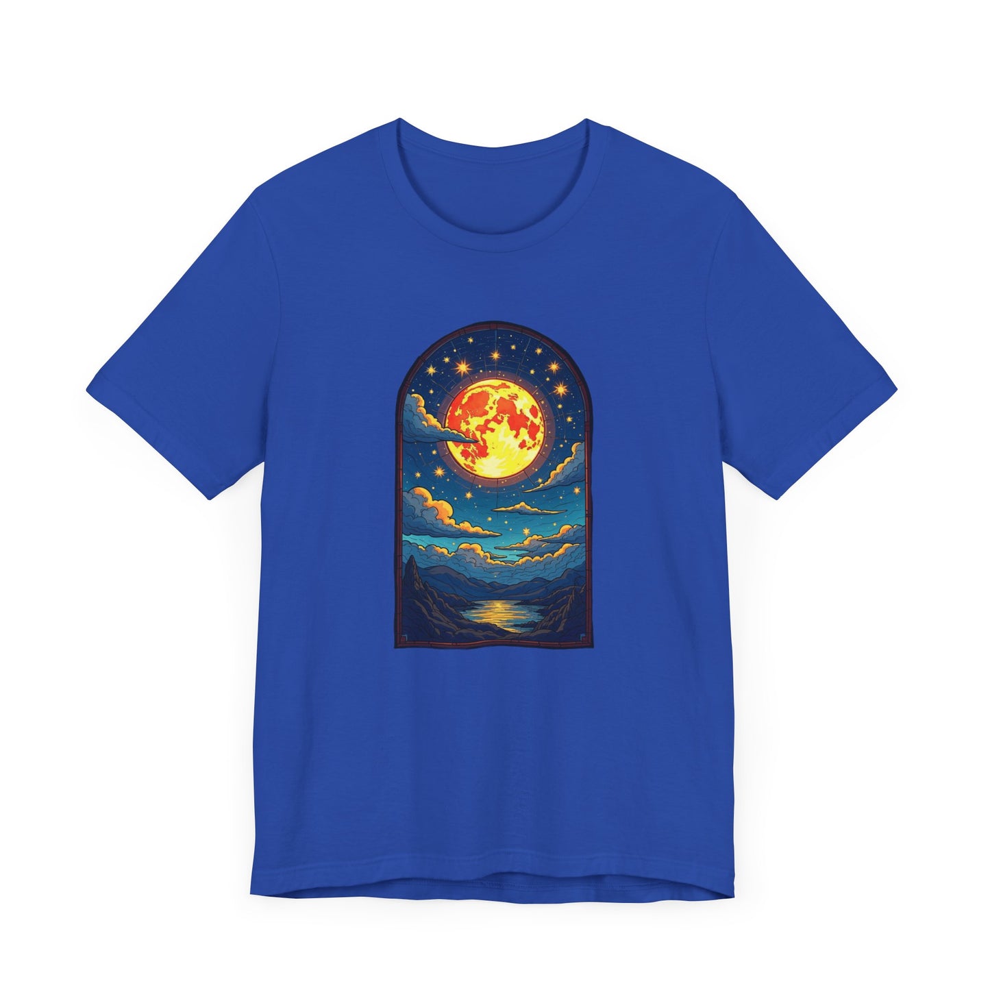 Castle Window View of Glowing Full Moon with Reflection and Stars Graphic T-Shirt