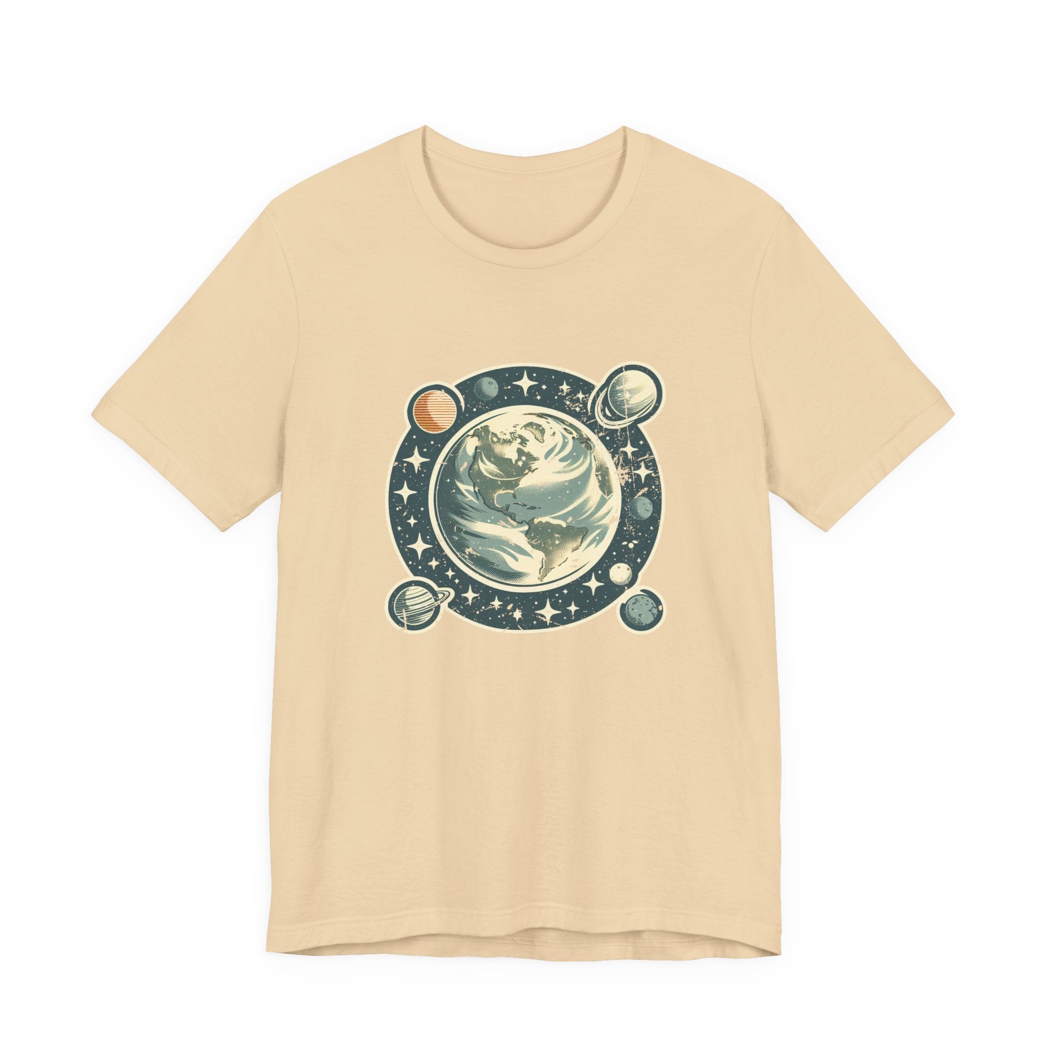 Earth Was Cool Tshirt – Gray Earth with Circular Planets and Stars Design
