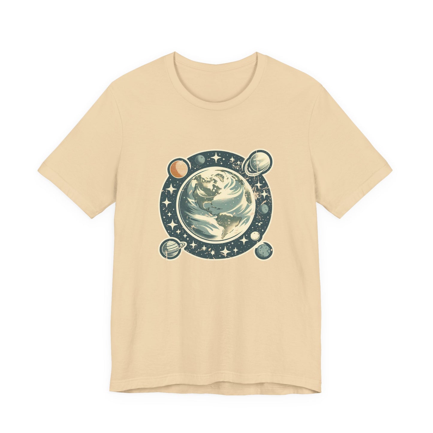 Earth Was Cool Tshirt – Gray Earth with Circular Planets and Stars Design