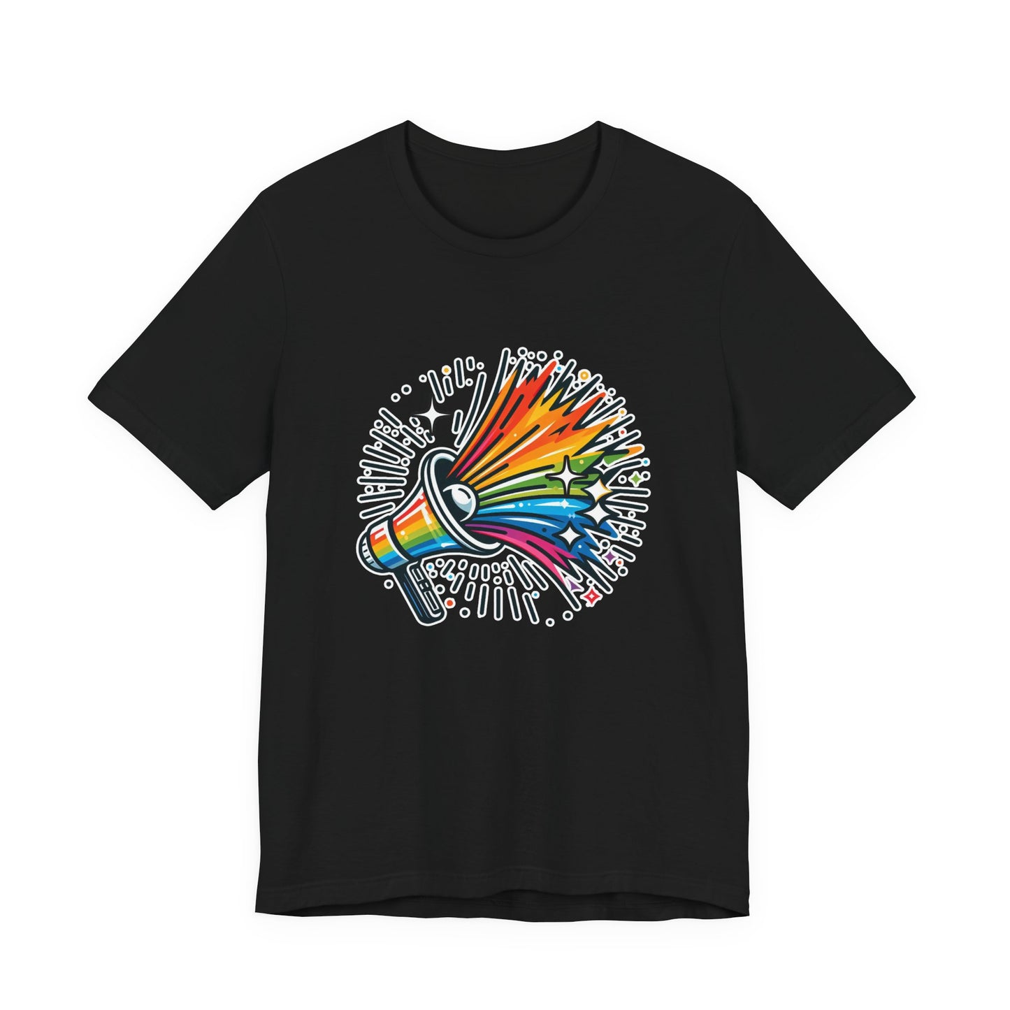Proud & Loud – Colorful Handheld Speaker with Exploding Stars Graphic T-Shirt