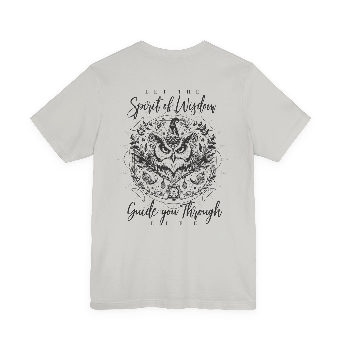 Spirit of Wisdom Owl T-Shirt – Wise Owl with Witch Hat and Medal [Black Text]