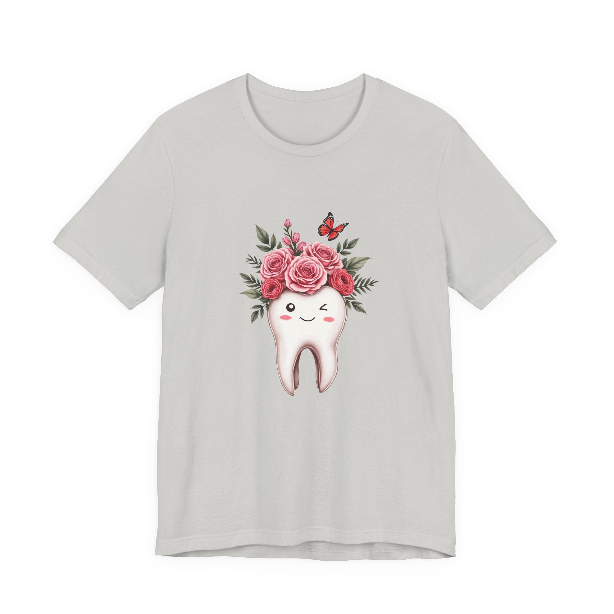 Smile T Shirt with Large Winking Tooth Surrounded by Flowers Leaves and Butterflies