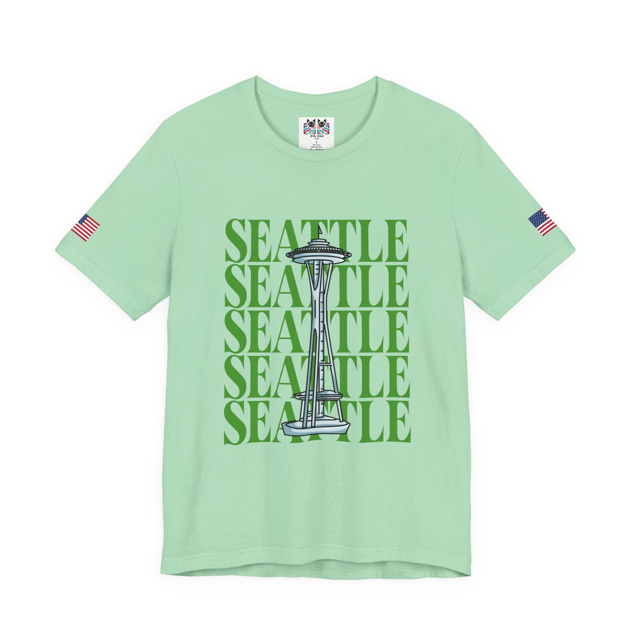 Seattle Repeated Text Space Needle Graphic T-Shirt | Seattle Washington Souvenir Tee | Space Needle Pride Shirt