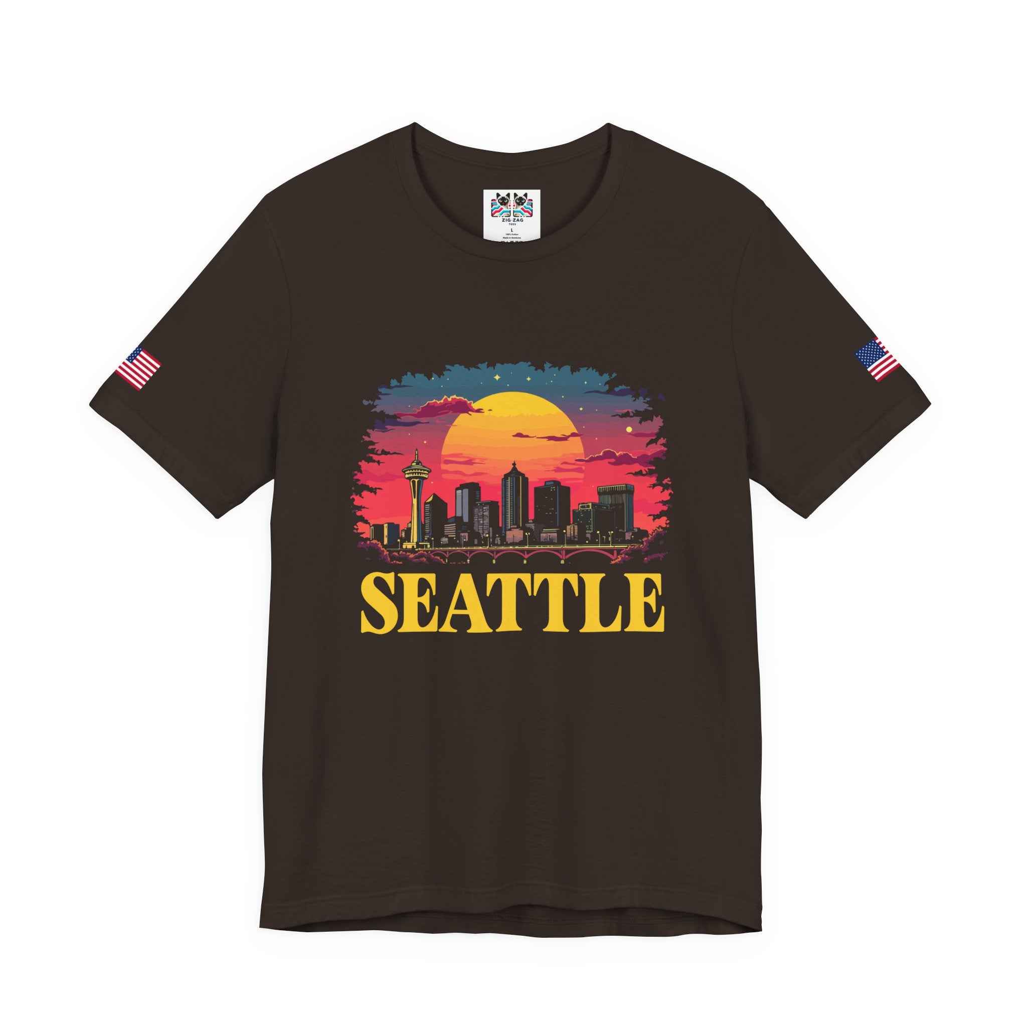 Seattle Retro Sunset Skyline Graphic T-Shirt | Emerald City Space Needle Night Sky Tee | Seattle Souvenir Shirt