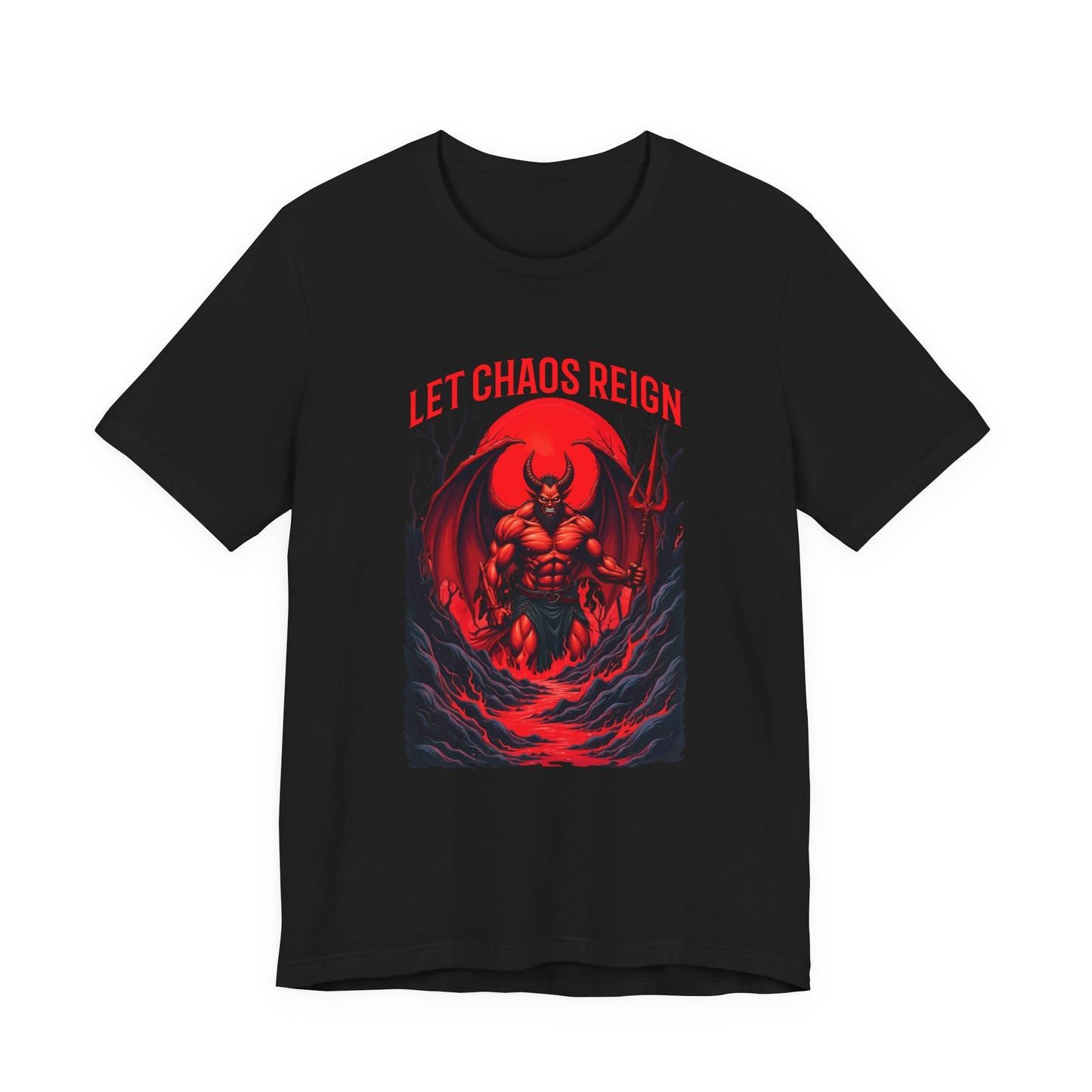 Let Chaos Reign – Fierce Beast with Wings on Fiery under Red Moon Graphic T-Shirt