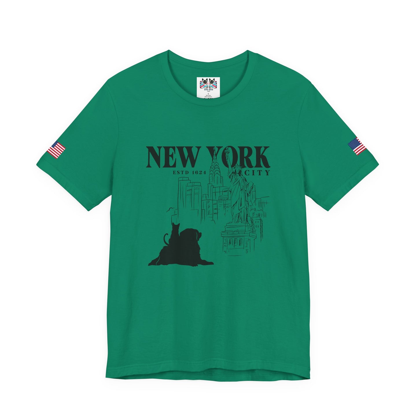New York City Cat Dog T-Shirt - NYC Est. 1624 Sketch Art with Brooklyn Bridge & Liberty