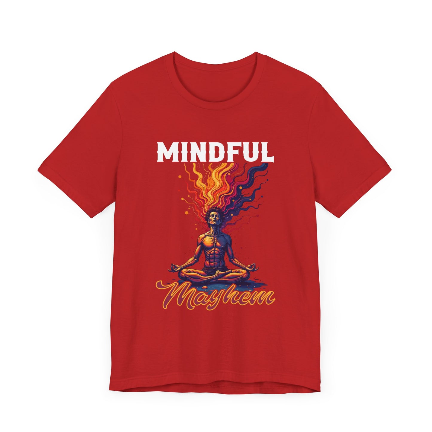 Mindful Mayhem – Meditating Man with Rising Flames Graphic T-Shirt