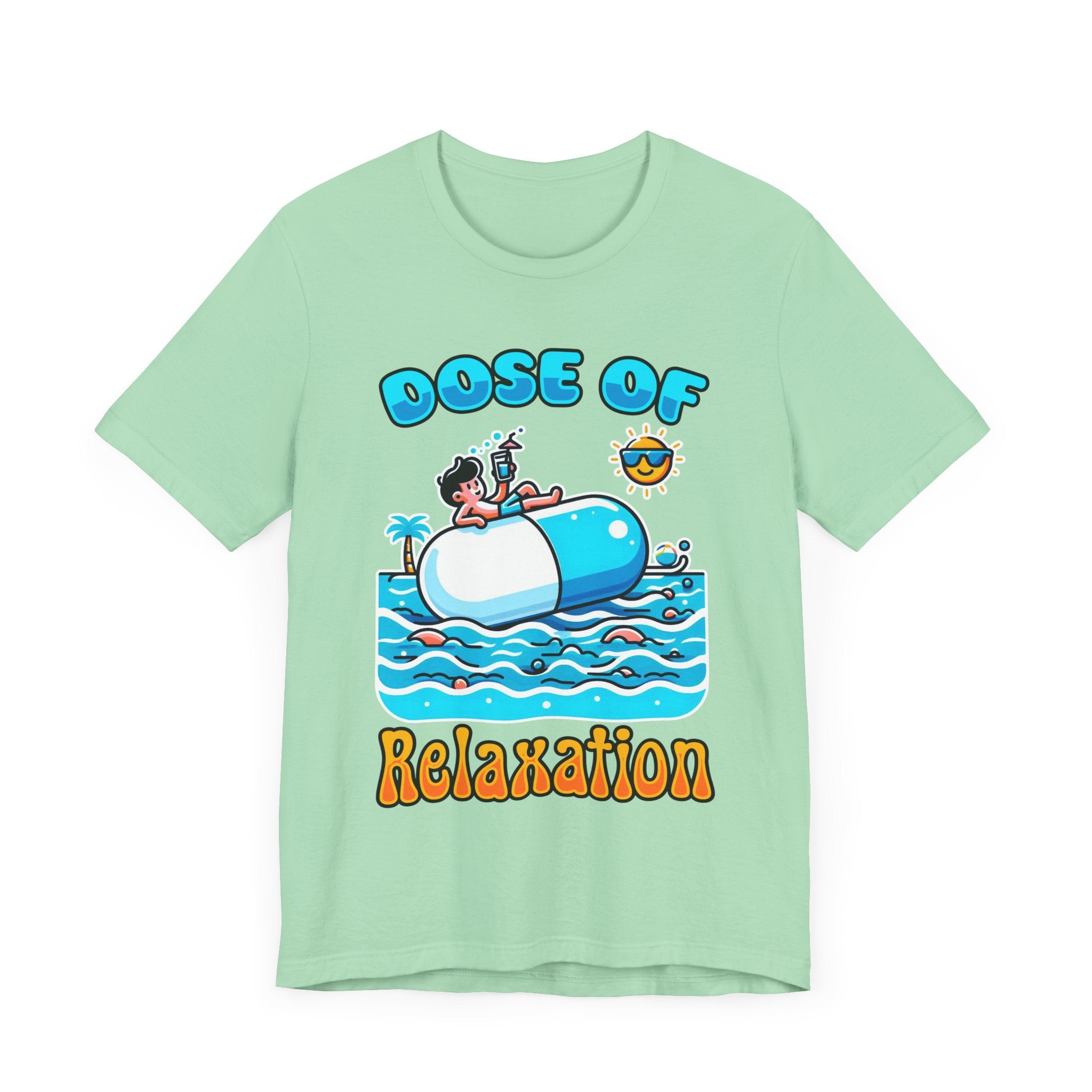 Dose of Relaxation | Boy Sitting on Pill Floating on Water with Drink, Sun & Palm Tree Graphic T-Shirt