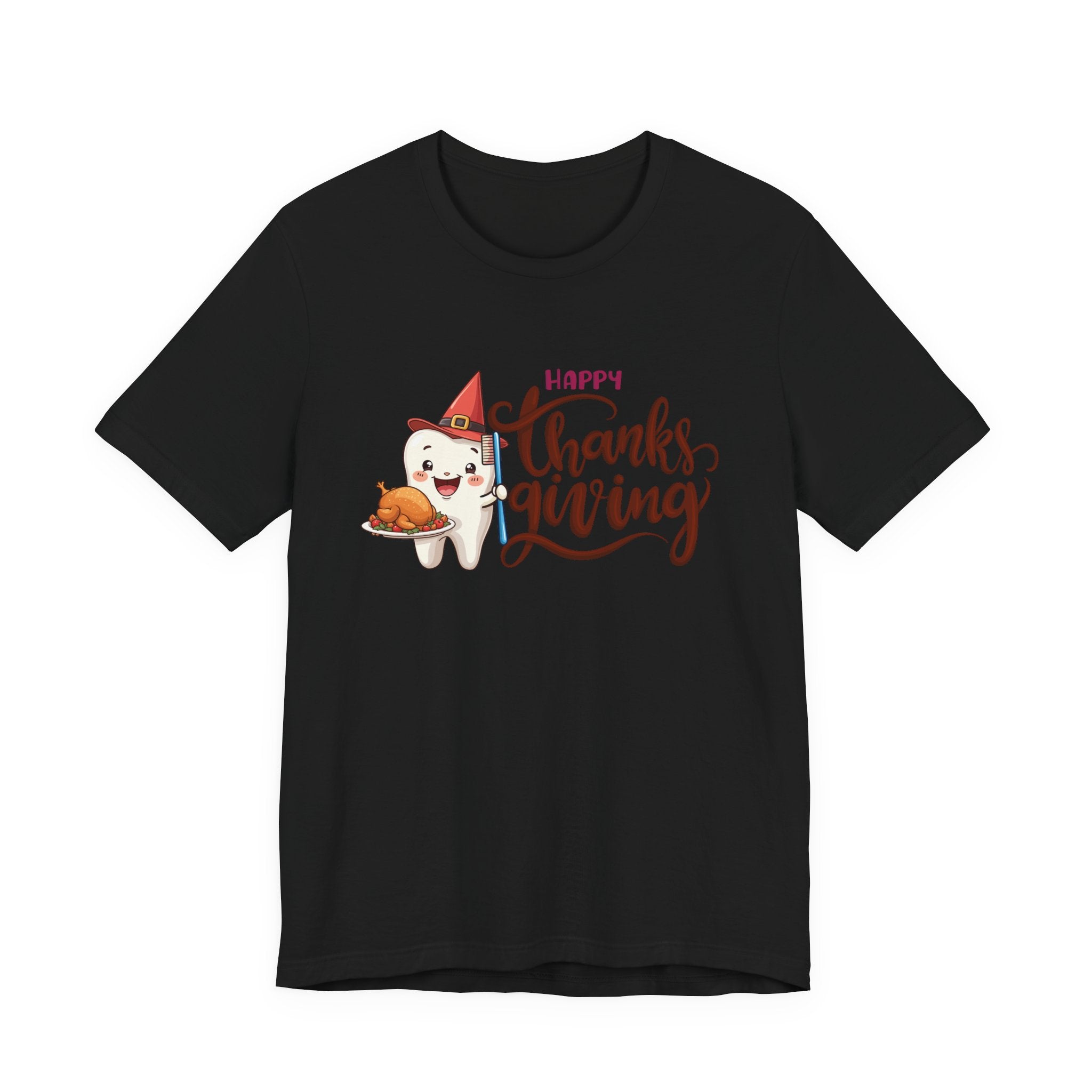 Happy Thanksgiving Dental T Shirt Smiling Tooth with Turkey Plate, Toothbrush, and a Cap