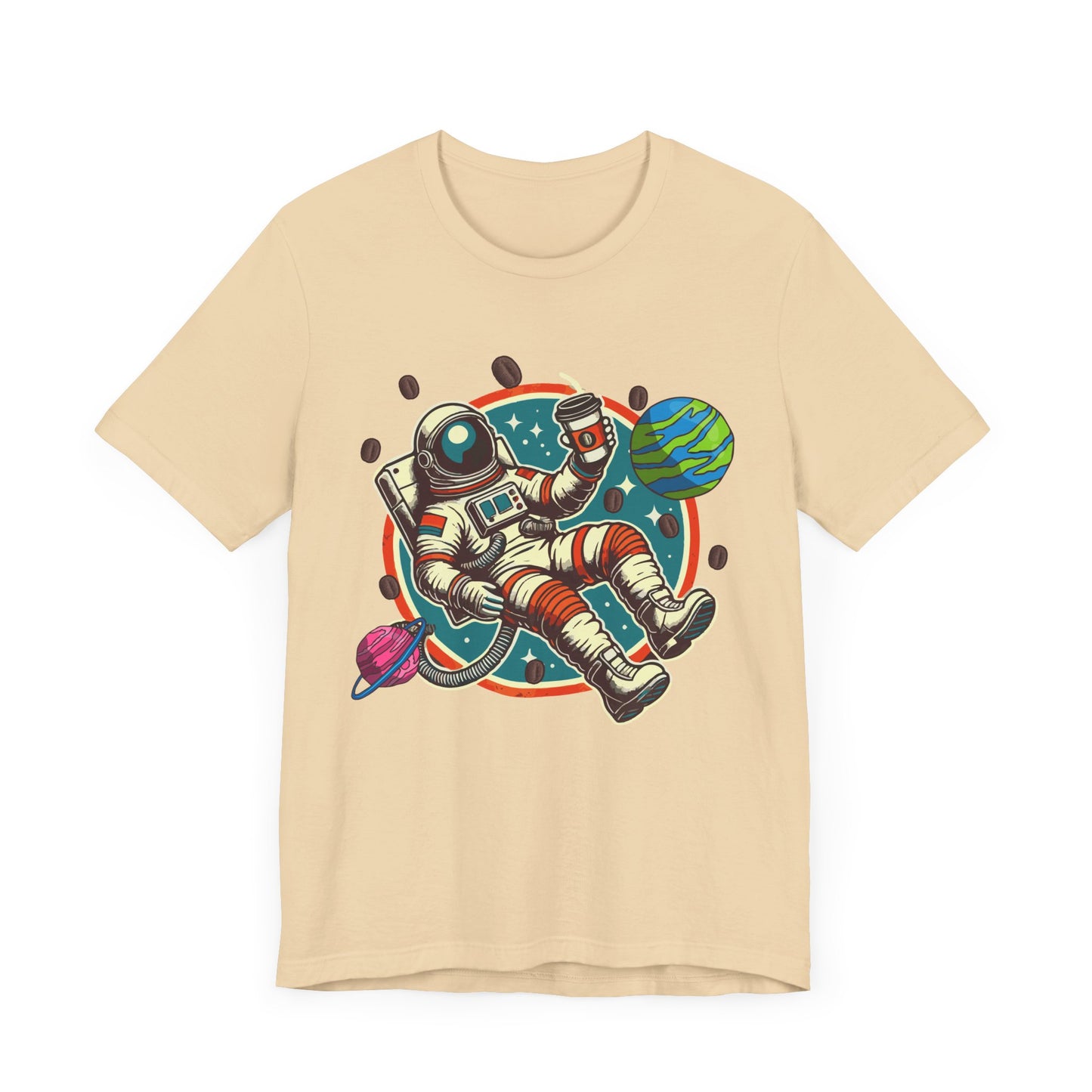Space Coffee Break | Astronaut Floating with Coffee Cup & Planets Graphic T-Shirt