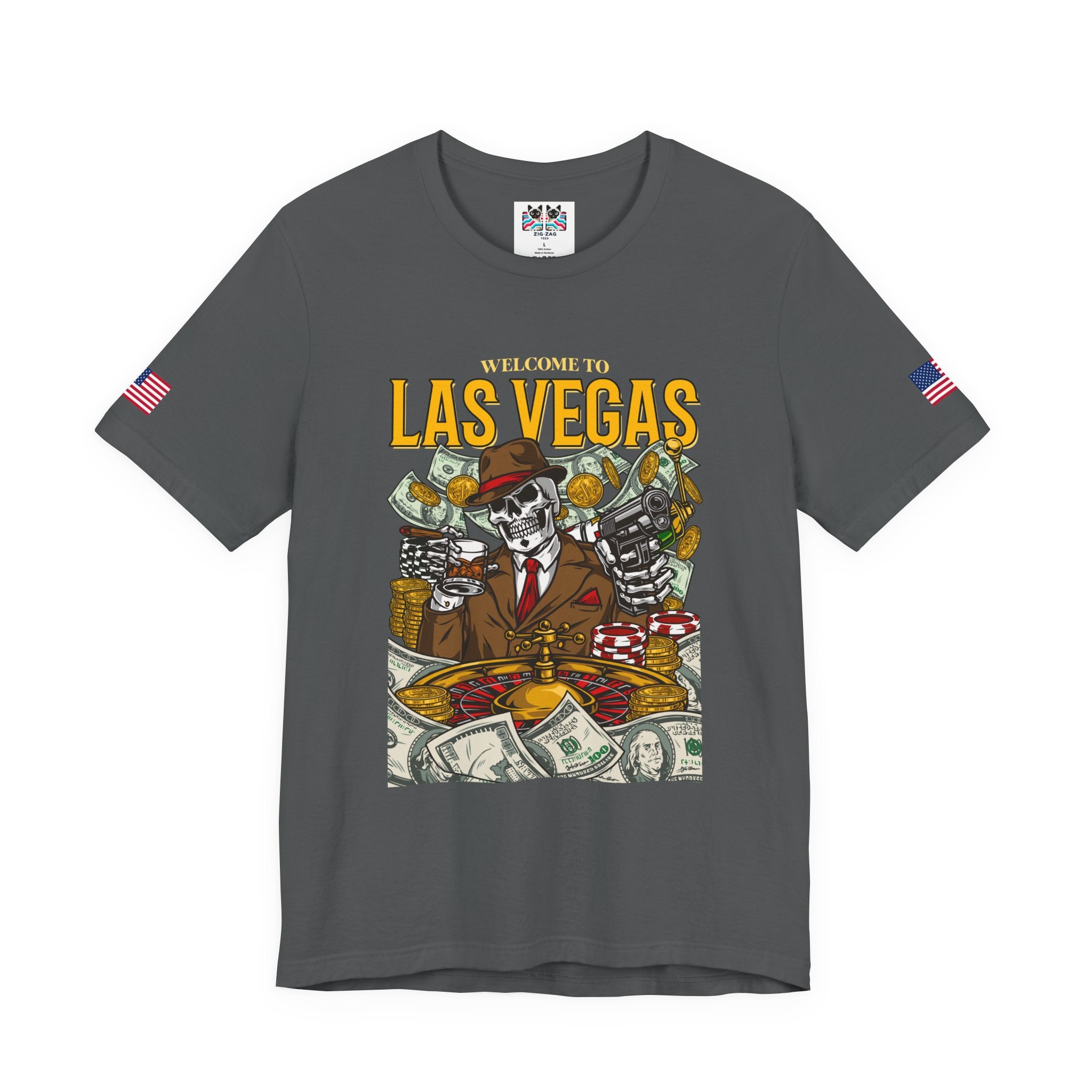 Welcome to Las Vegas Skeleton Gangster T-Shirt – Skull Casino Roulette Graphic Tee
