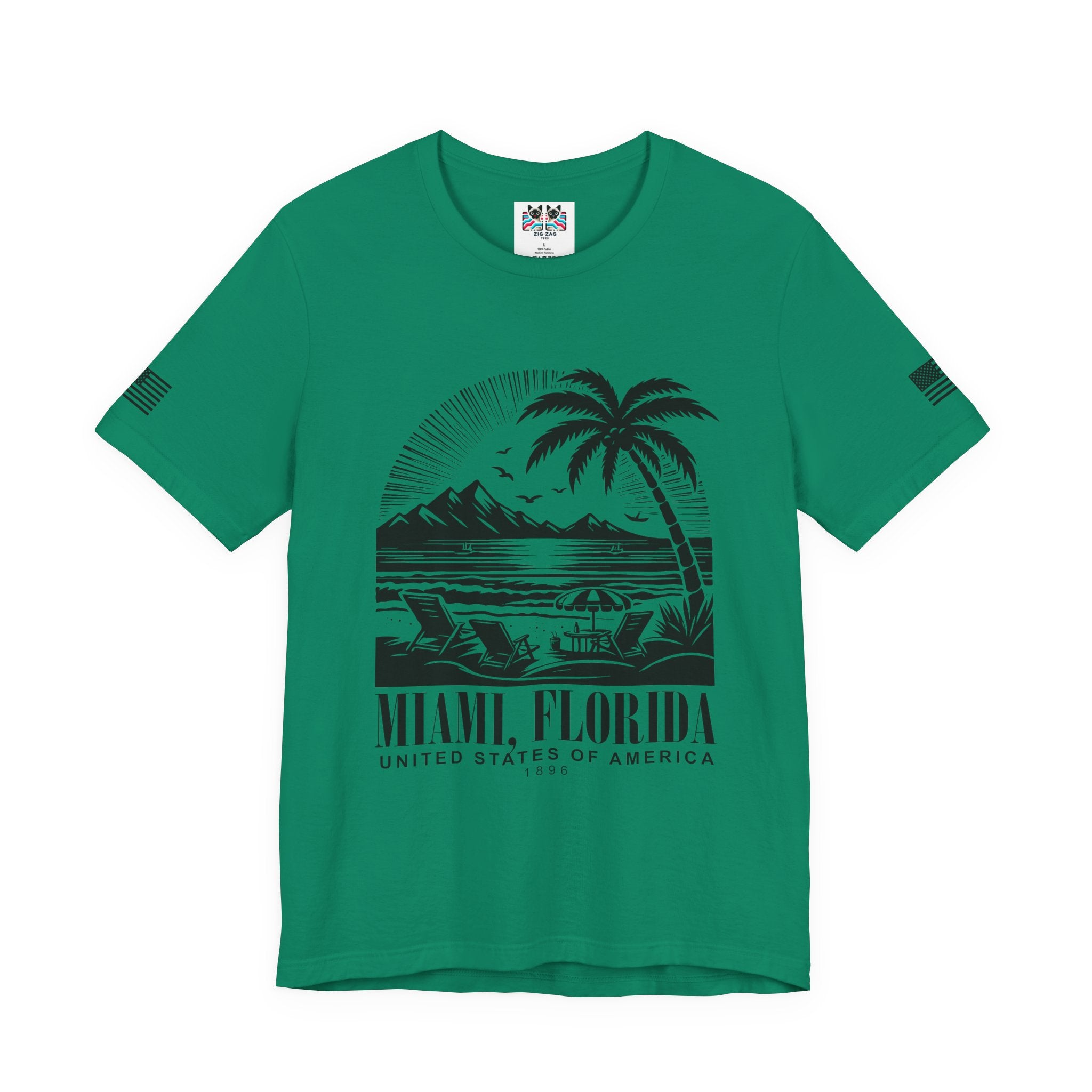 Miami Florida USA 1896 T-Shirt – Black Line Art Beach Chair Palm Tree Graphic Tee