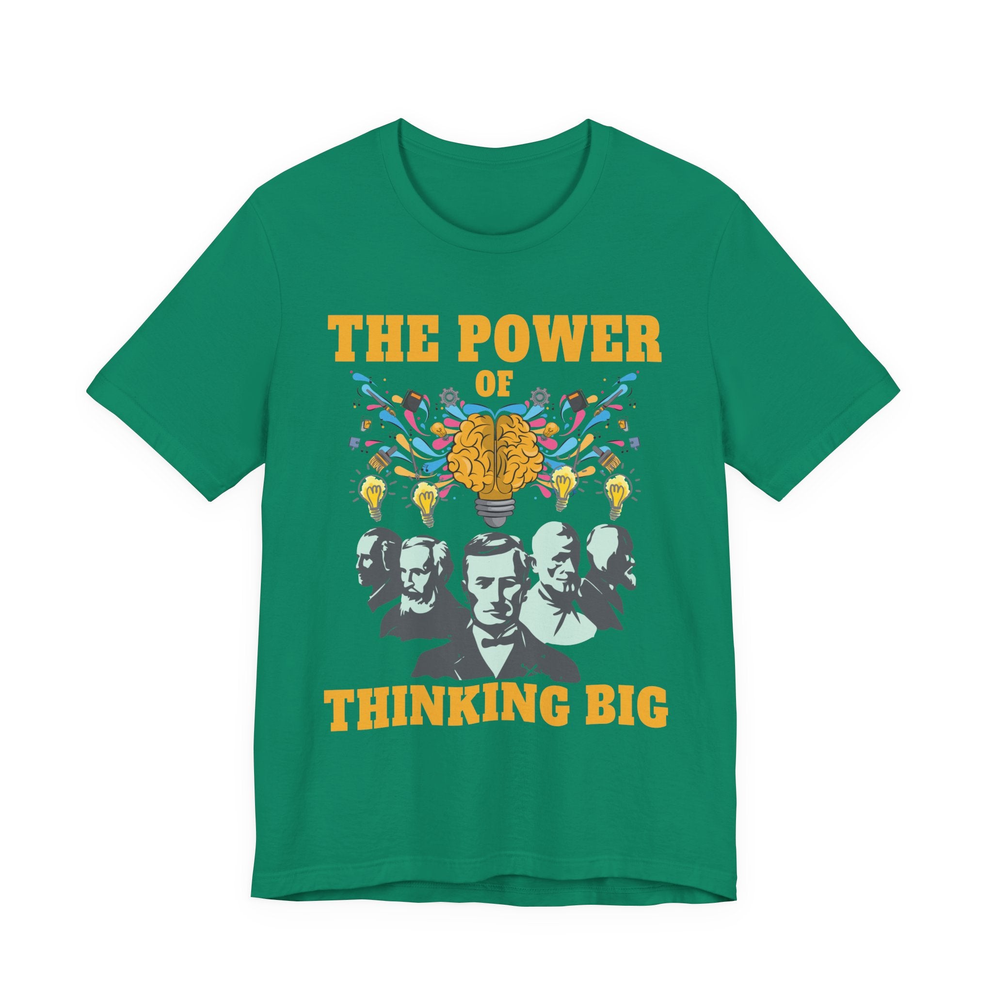 The Power of Thinking Big Tshirt – Brain with Great Scientists and Glowing Bulb Graphic
