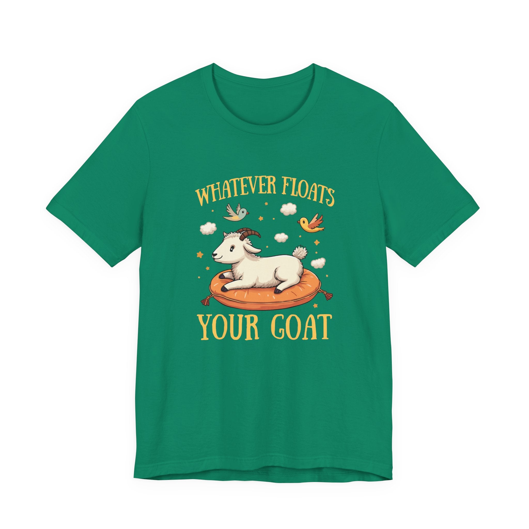 Whatever Floats Your Goat T Shirt – Happy Floating Goat with Clouds and Birds