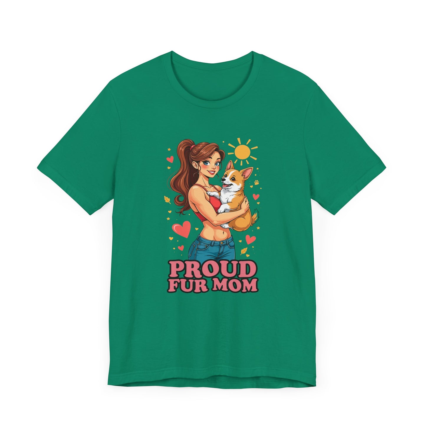 Proud Fur Mom – Happy Woman Hugging Puppy with Hearts and Sunshine Graphic T-Shirt