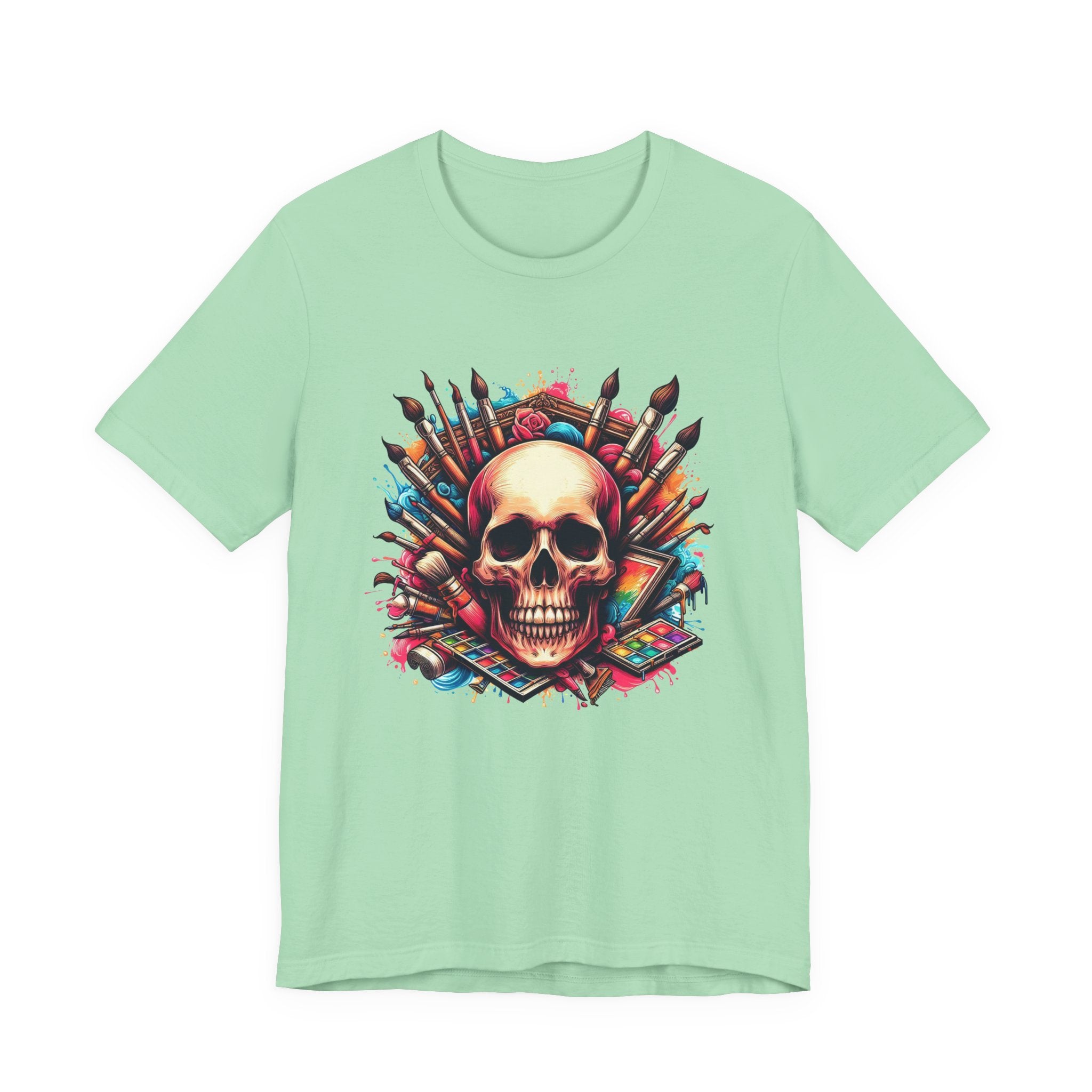 Art Is Not Dead Tshirt – Skull with Stacked Art Supplies Circular Graphic