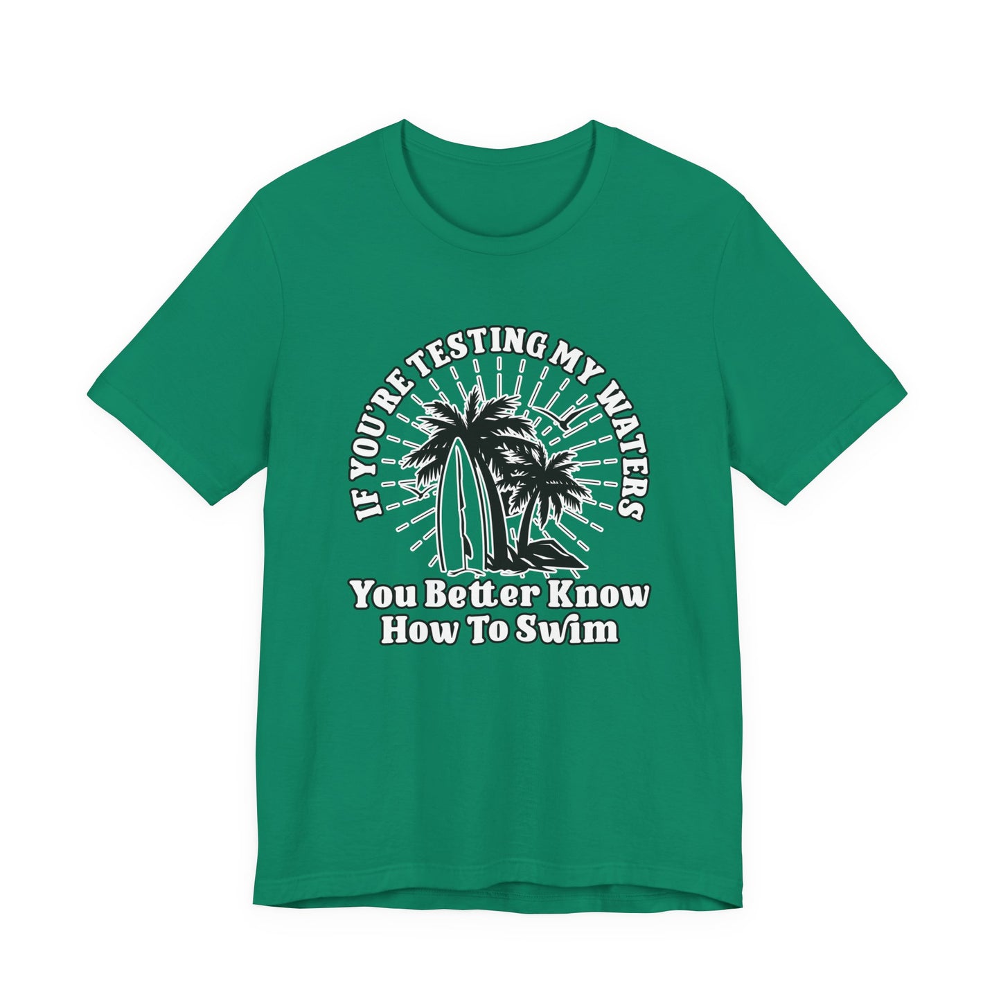Test My Waters Surf T-Shirt – Beach Palm Trees & Rocks Graphic with Bold Quote