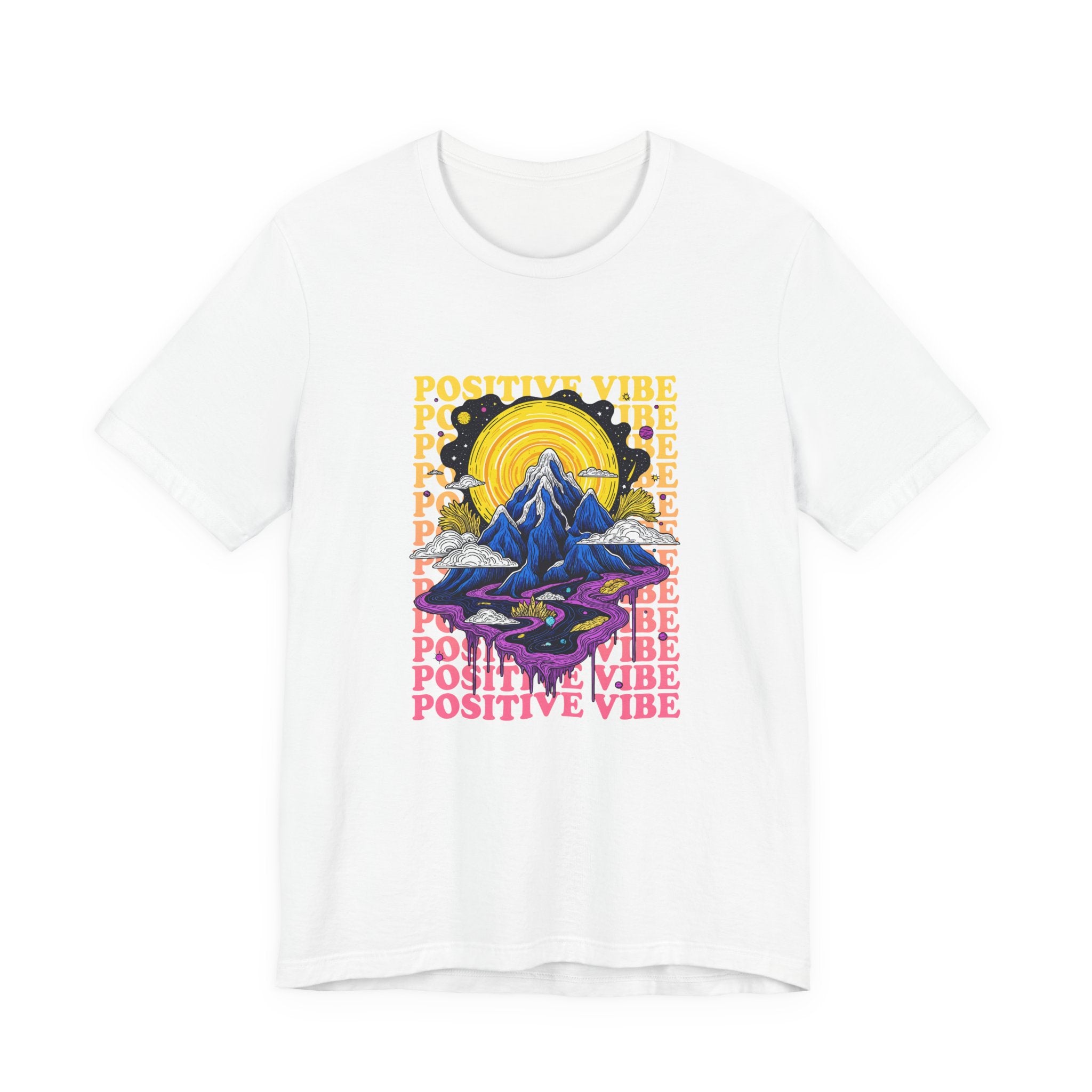 Positive Vibes – Cosmic Sun and Solar System Drip Graphic T-Shirt