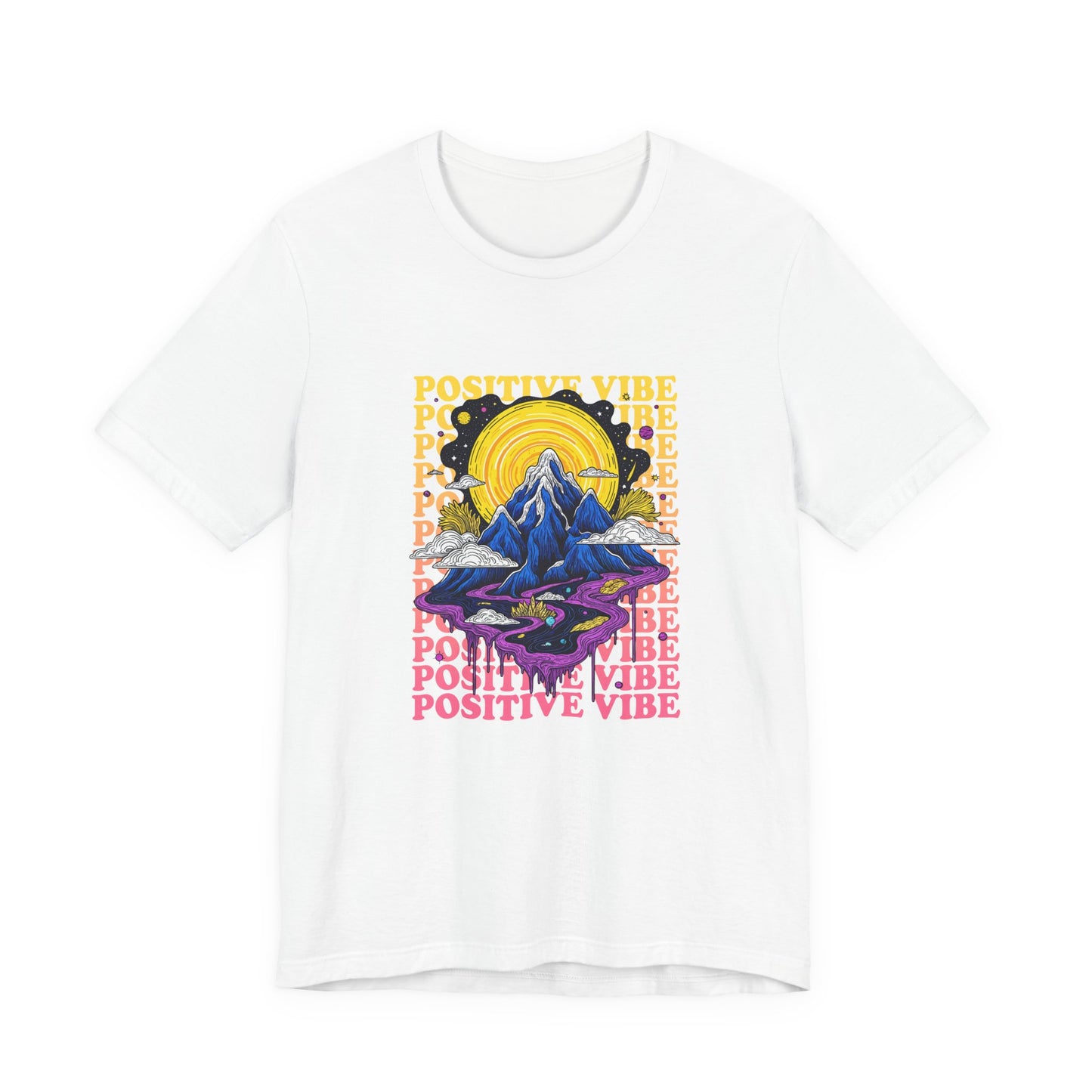 Positive Vibes – Cosmic Sun and Solar System Drip Graphic T-Shirt