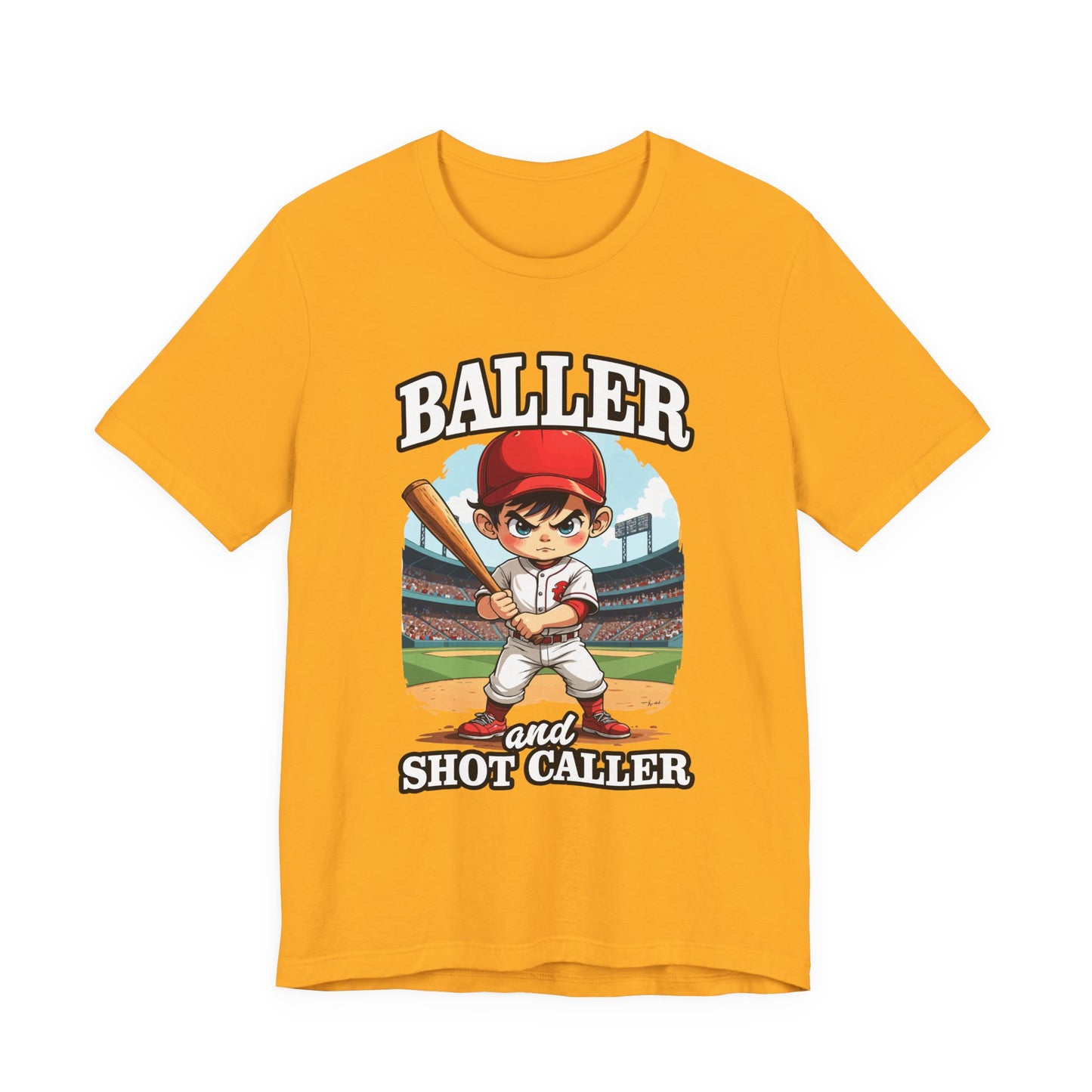 Baller And Short Caller Tshirt young baseball player standing confidently on the pitch