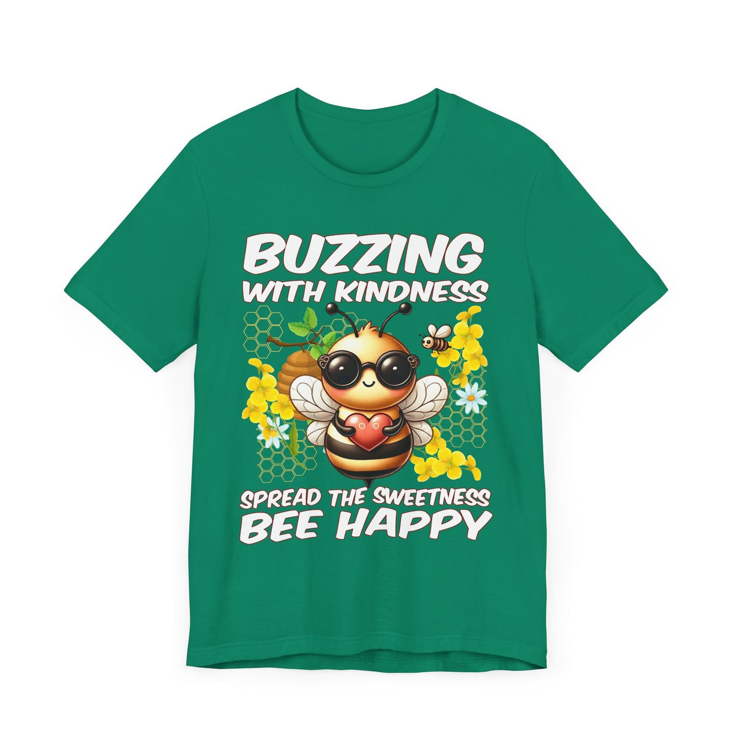 Buzzing with Kindness, Spread the Sweetness, Be Happy | Large Bee & Flowers Graphic T-Shirt
