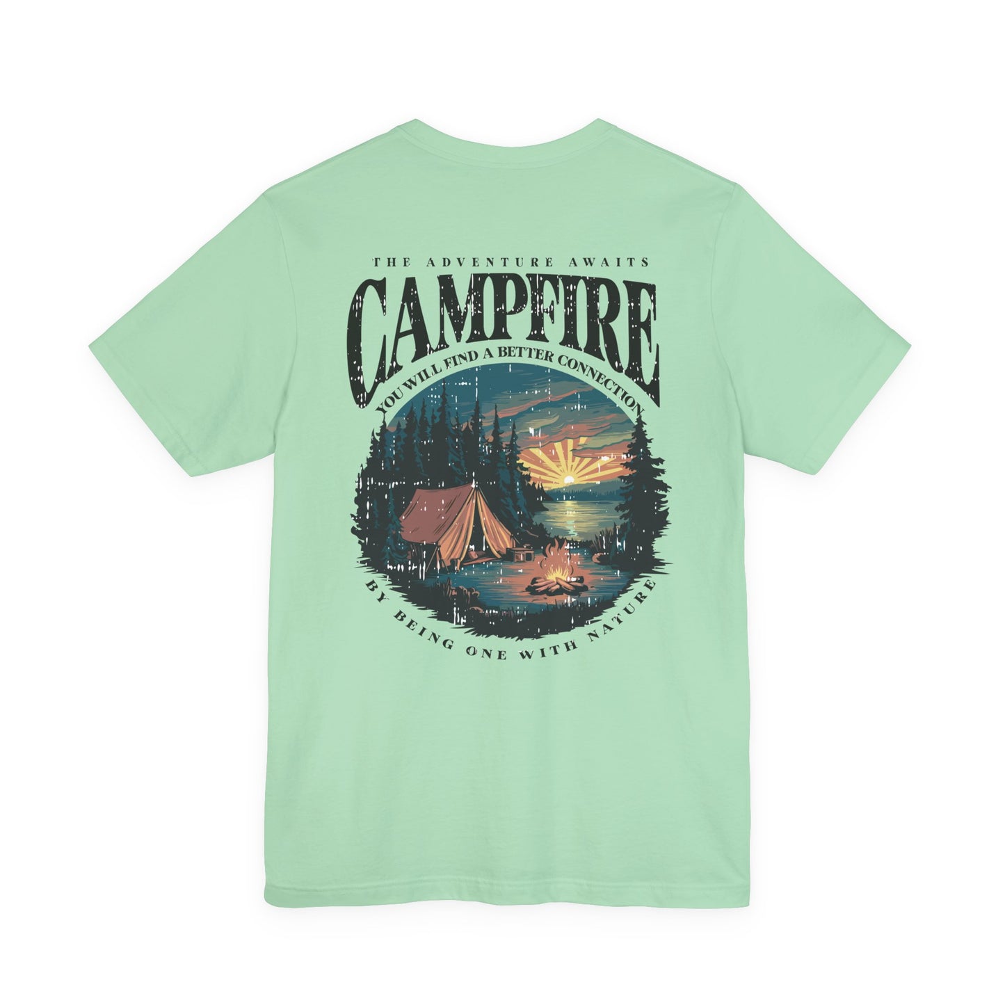 The Adventure Awaits Campfire T-Shirt – Forest Sunset Reflection Graphic