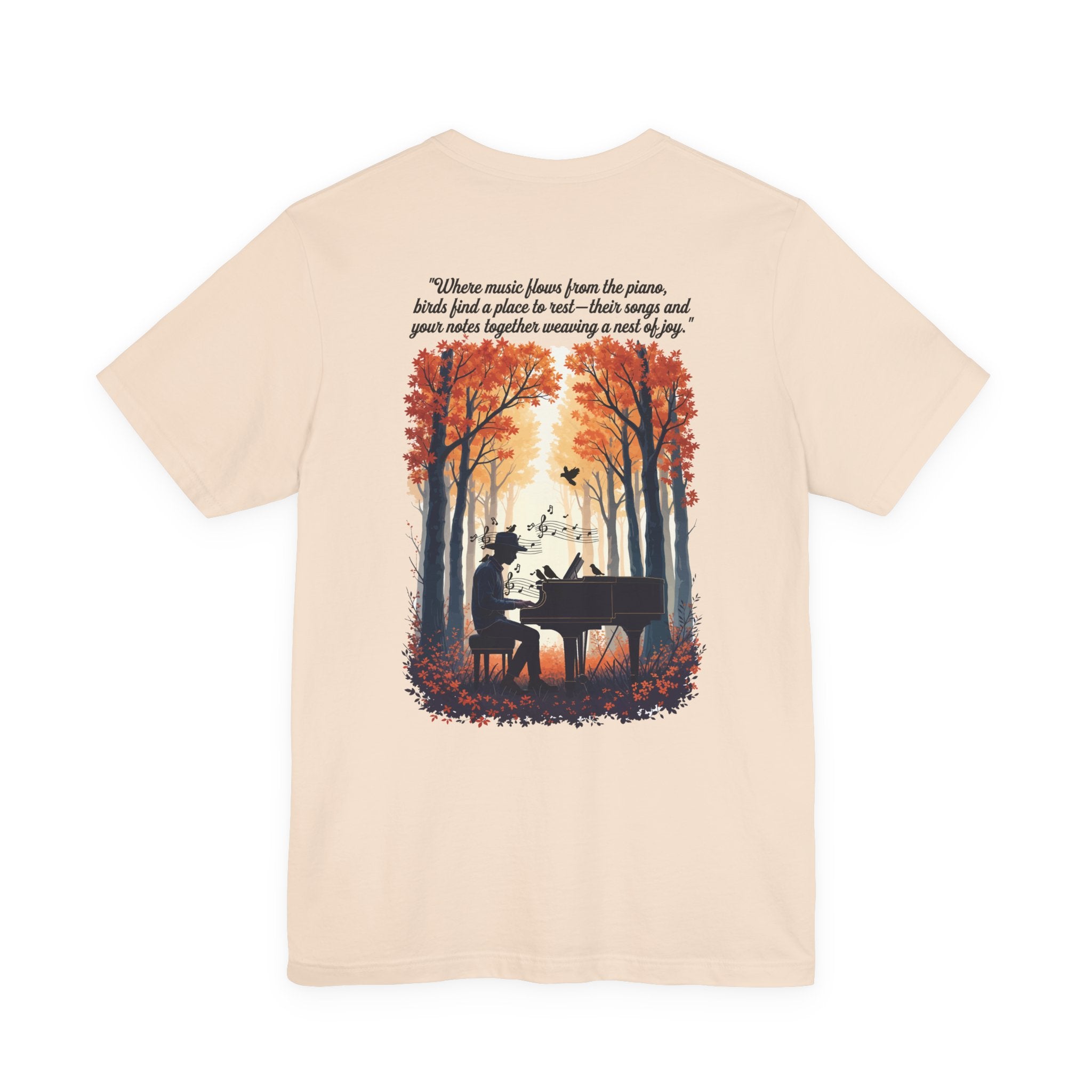 Music & Nature Harmony T-Shirt – Grand Piano in Autumn Forest Scene [Black Text]