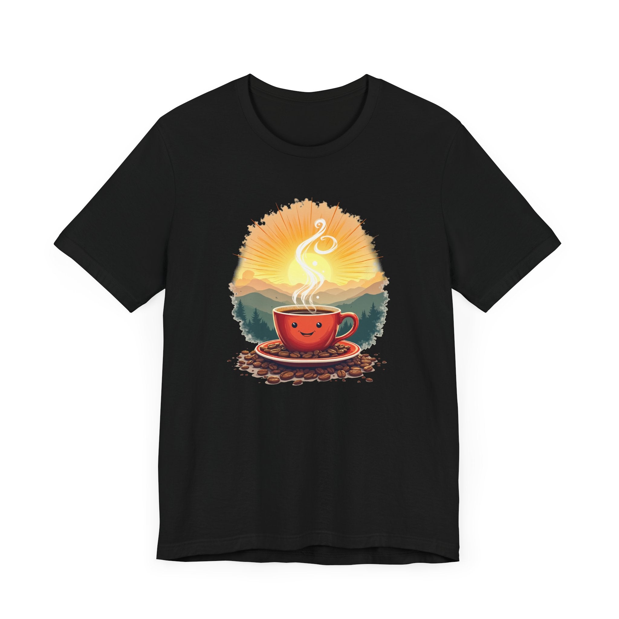 Sunrise Coffee Cup with Coffee Beans and Radiant Morning Glow Graphic T-Shirt