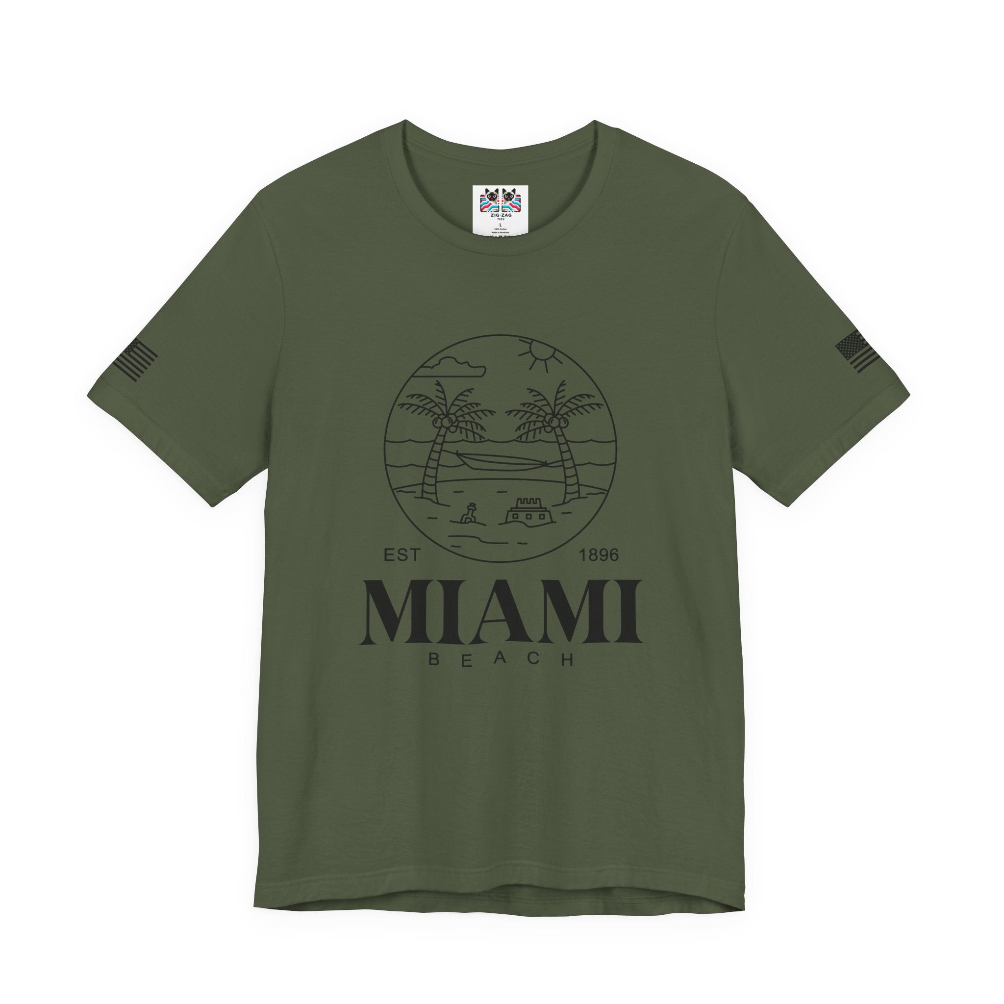 Miami Beach EST 1896 T-Shirt – Circle Line Art Badge Hammock Palm Tree Graphic Tee