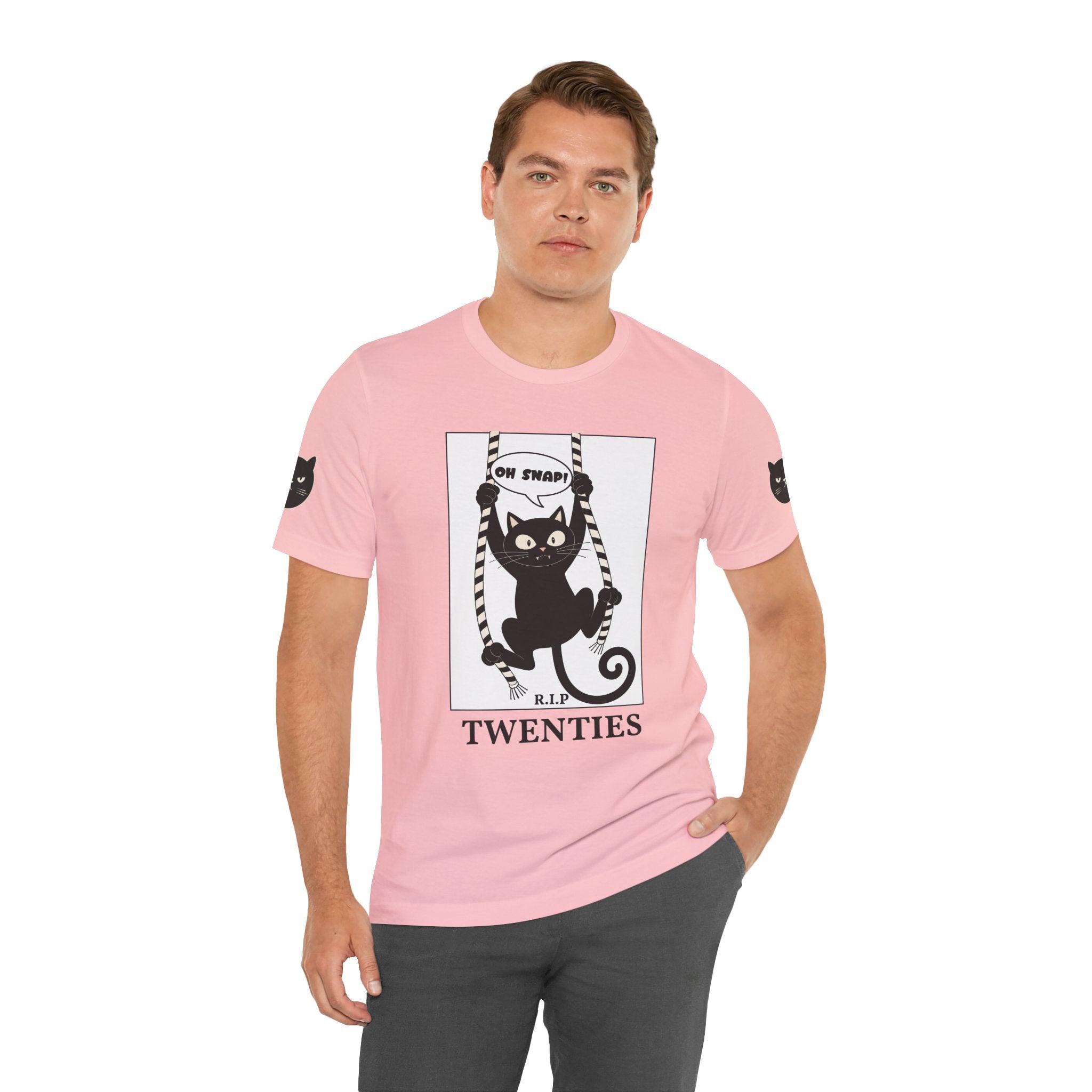 Custom T-Shirt - Oh Snap Funny Cat T-Shirt – Cat Hanging from Blinds Mischievous Kitten Humor Graphic Tee