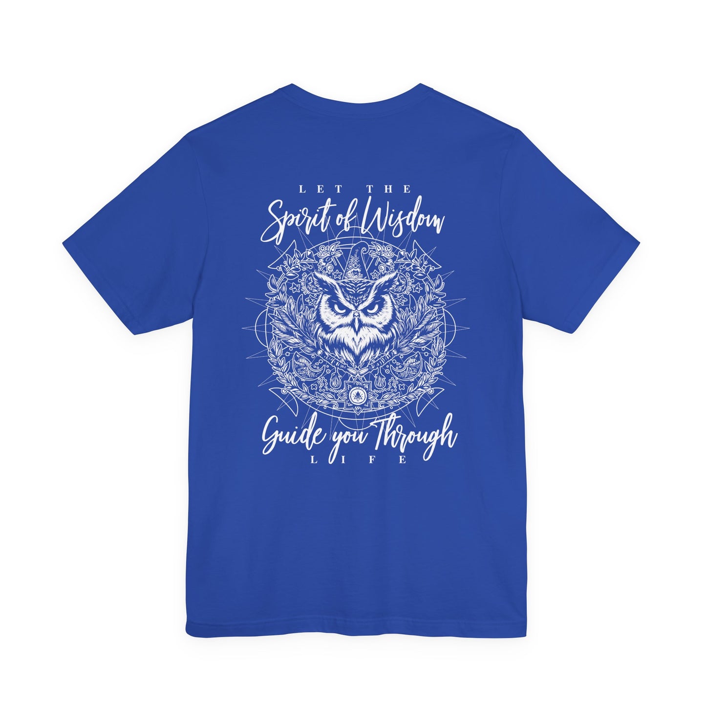 Spirit of Wisdom Owl T-Shirt – Wise Owl with Witch Hat and Medal [White Text]