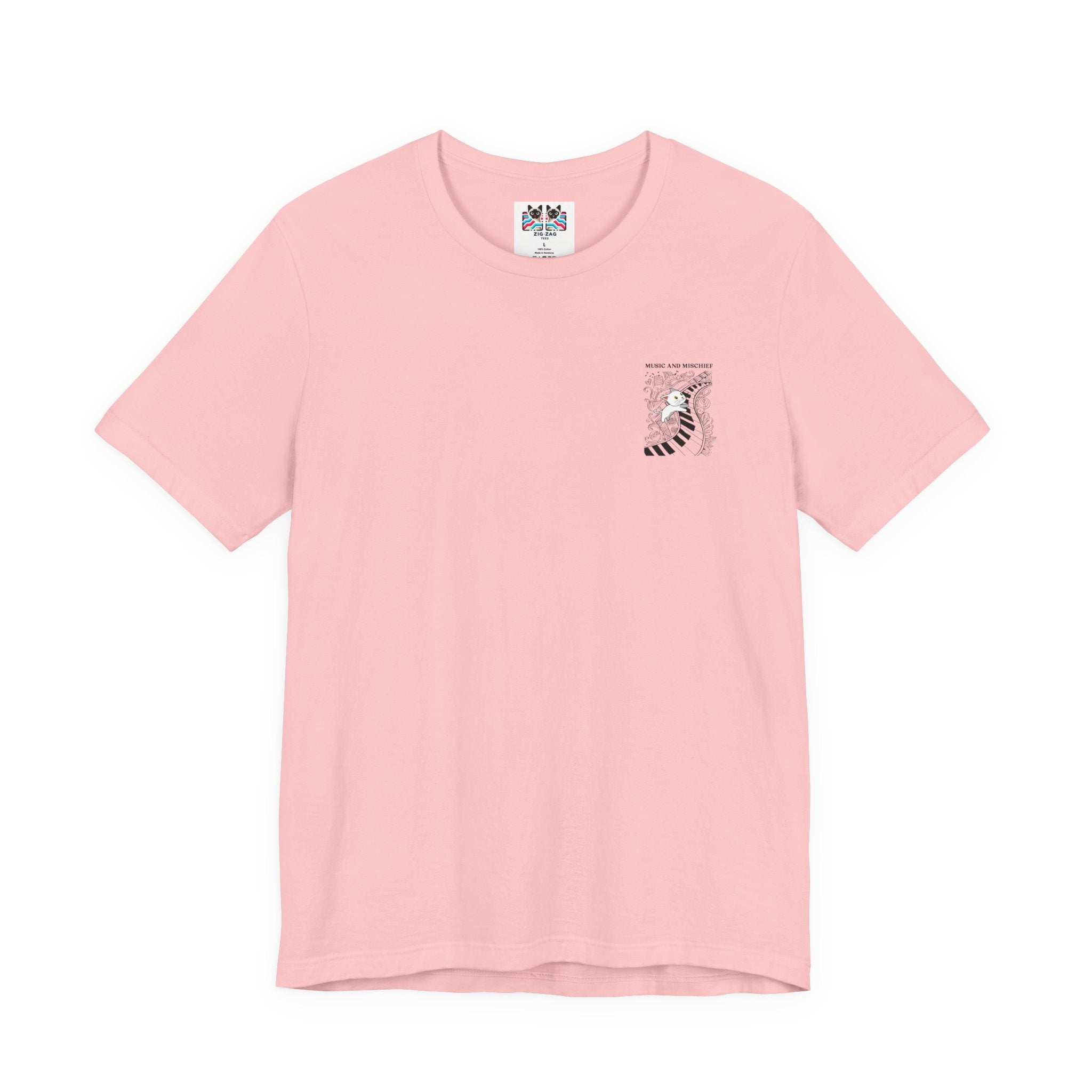 Music and Mischief T-Shirt – Piano and Playful Cat Graphic