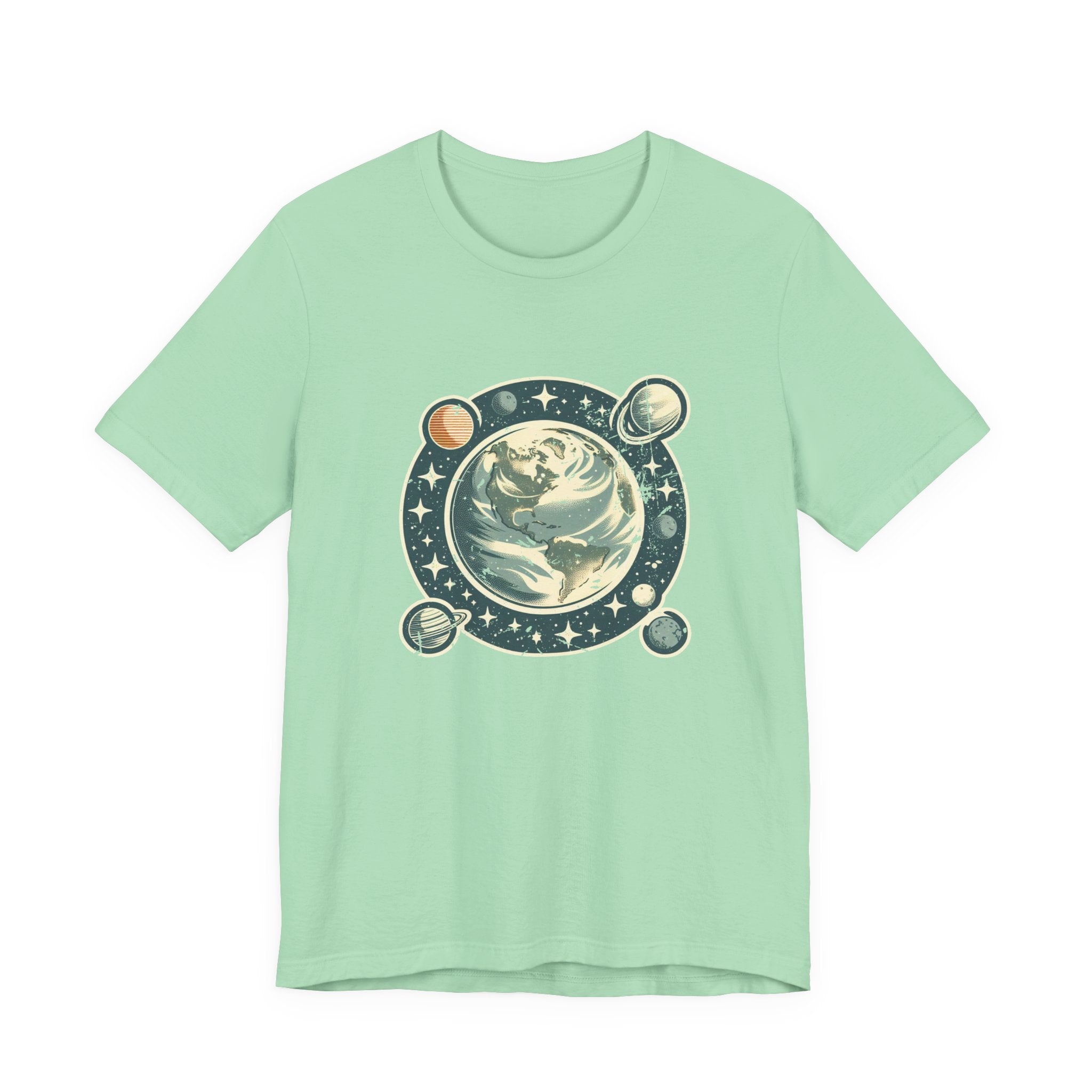 Earth Was Cool Tshirt – Gray Earth with Circular Planets and Stars Design