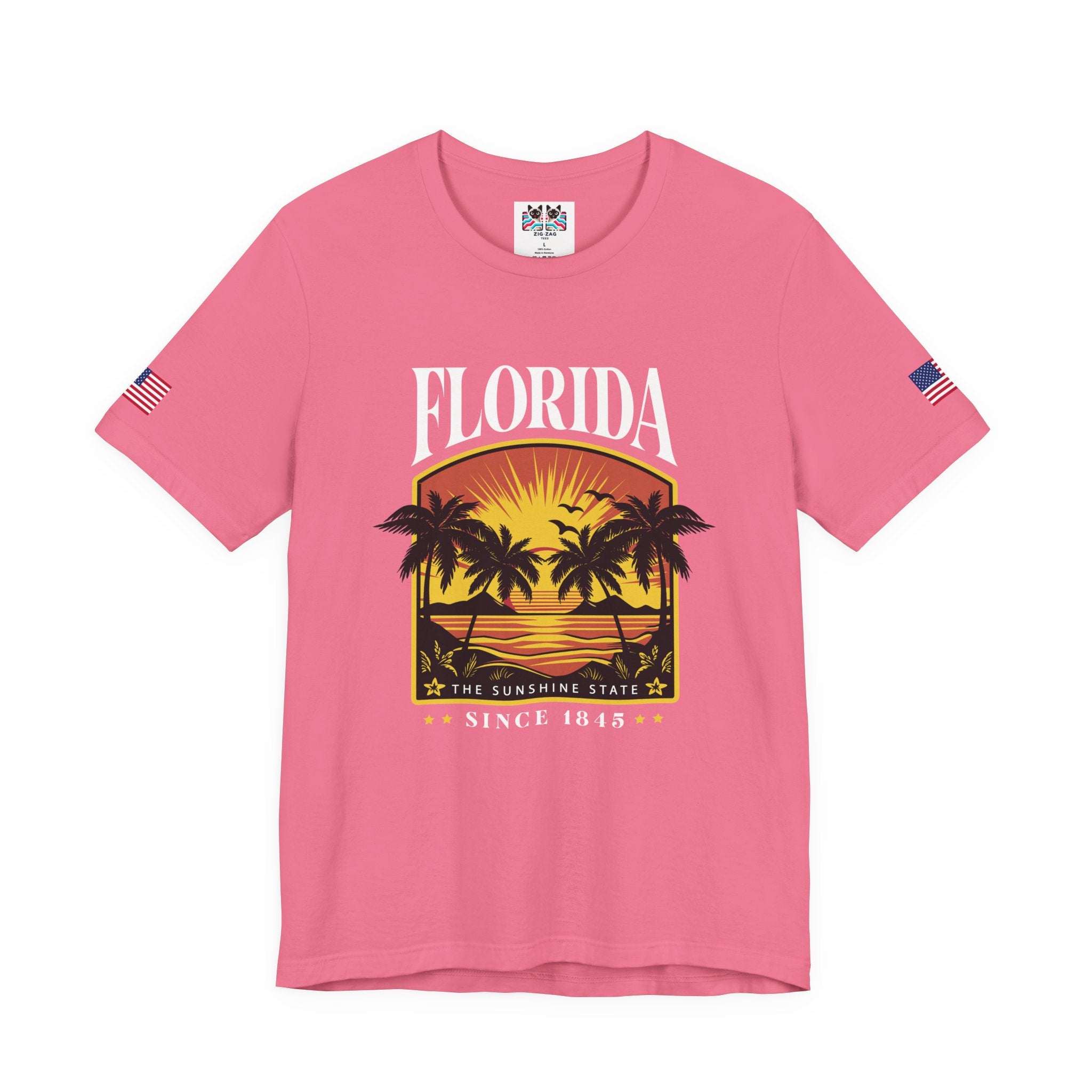Florida The Sunshine State Since 1845 T-Shirt – Retro Badge Palm Tree Sunset Graphic Tee