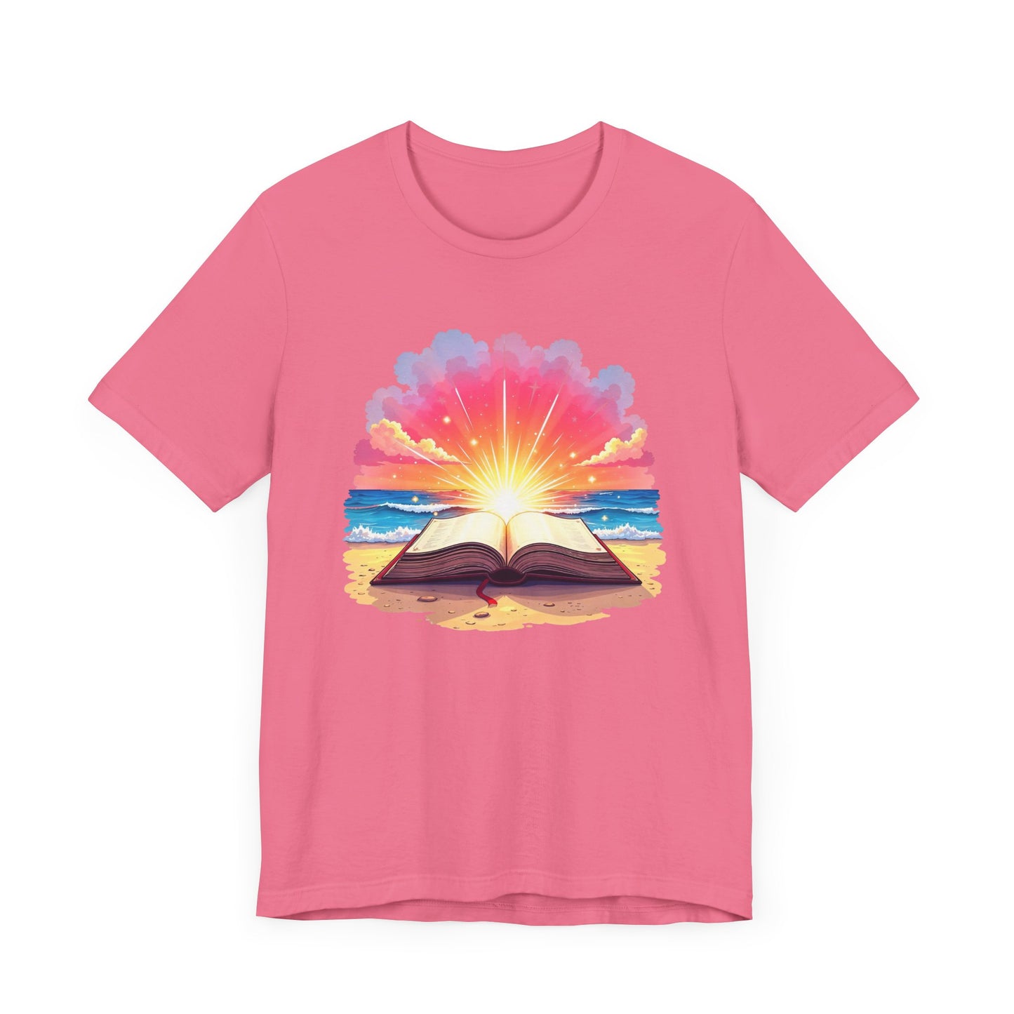 Magical Open Book on Beach with Radiant Flashlight Graphic T-Shirt