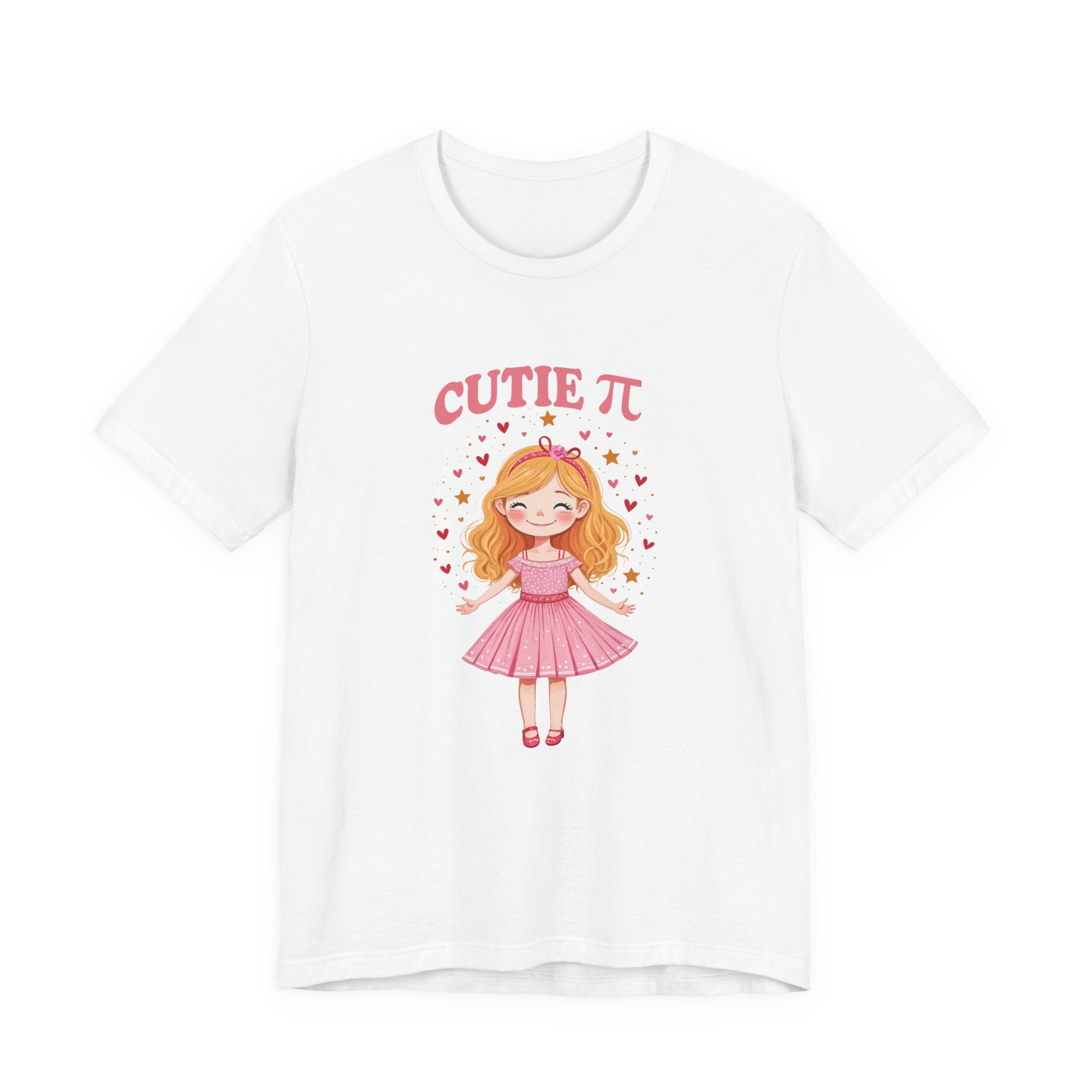 Cutie Pi Tshirt – Happy Girl with Pi Symbol, Hearts, and Stars Graphic
