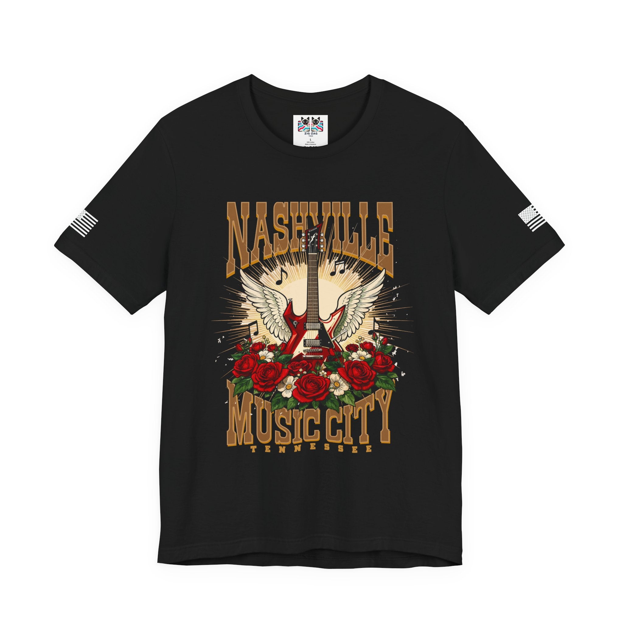 Nashville Music City Tennessee T-Shirt – Winged Electric Guitar Rose Floral Graphic Tee