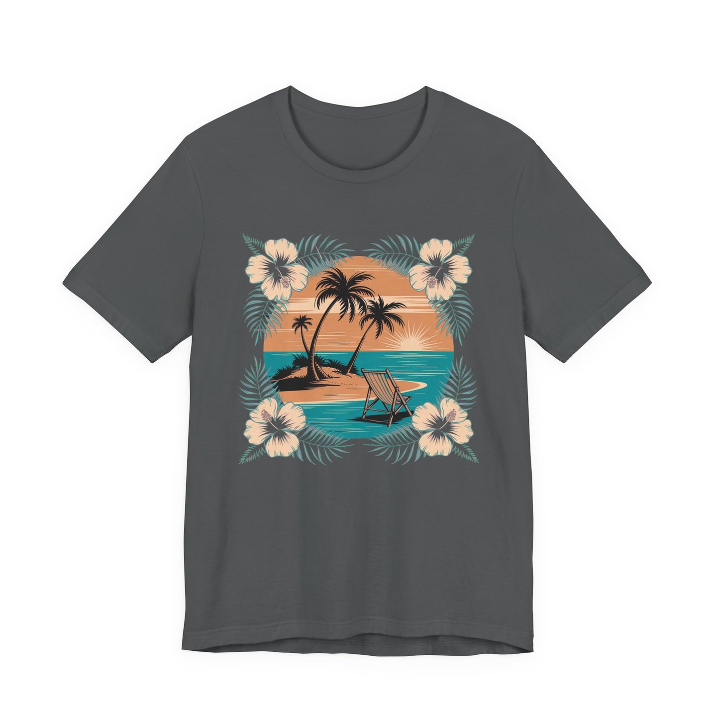 Tropical Escape – Beach Island Sunset with Floral Border Graphic T-Shirt